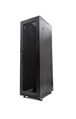 Isometric right front view of a Floor-standing Data Cabinet showing its closed lockable mesh door and the removable right side panel