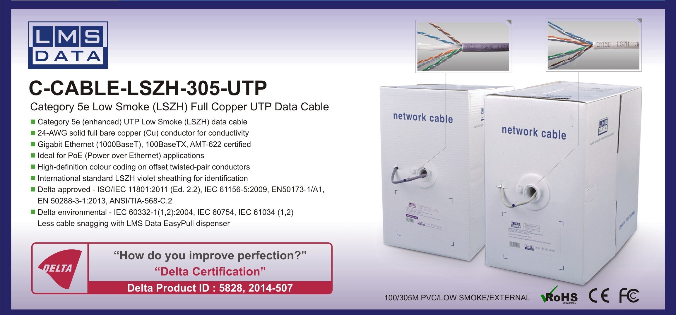 cat5e utp solid cable /305M CAT5E UTP SOLID CABLE (LSZH) VIOLET - Netbit UK