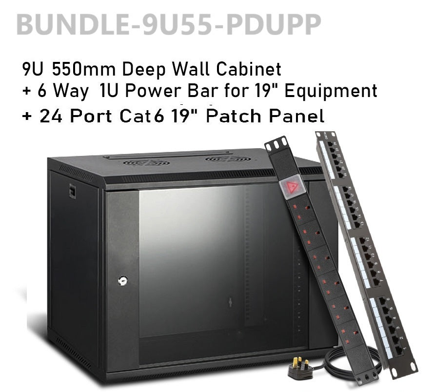 Wall Mount Data Cabinet | 9U 550 mm + 6 Way 19" PDU + 24 Port Cat6 Patch Panel Bundle