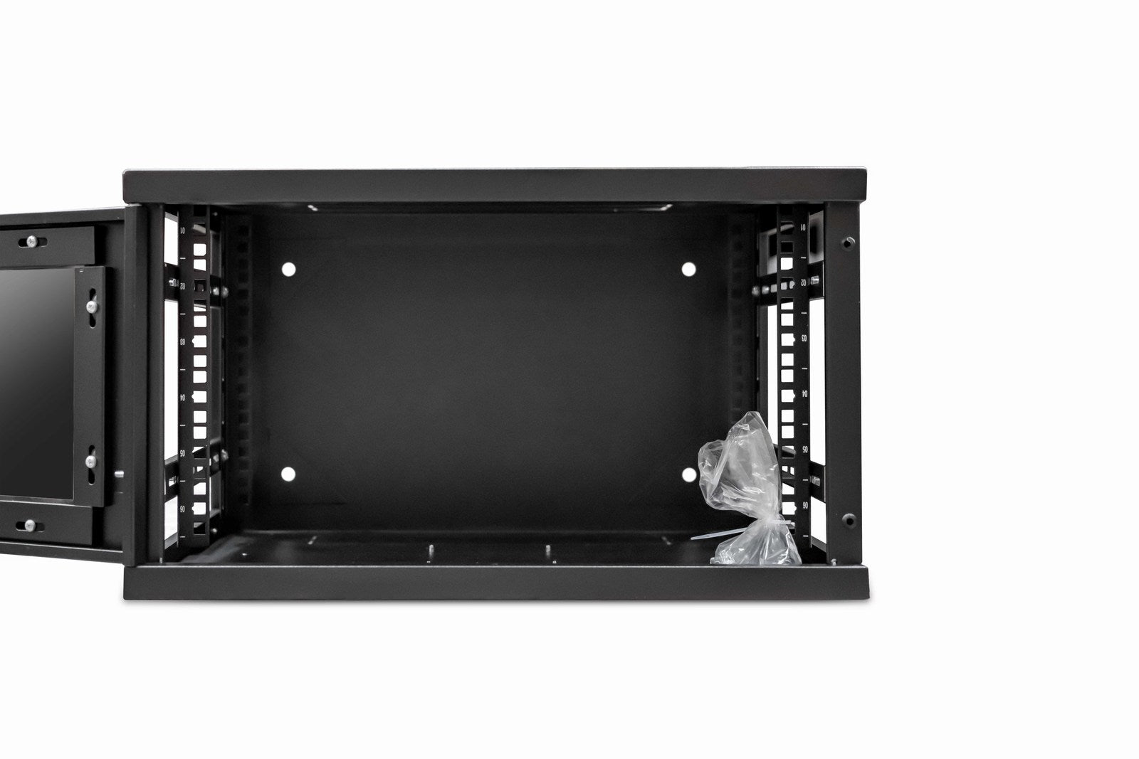 Front view of a 6U 550mm 19" Wall Mount Data Cabinet - Black - with its left and right panels removed and its door swung open. Shown also inside is its complementary pack of nuts and bolts.