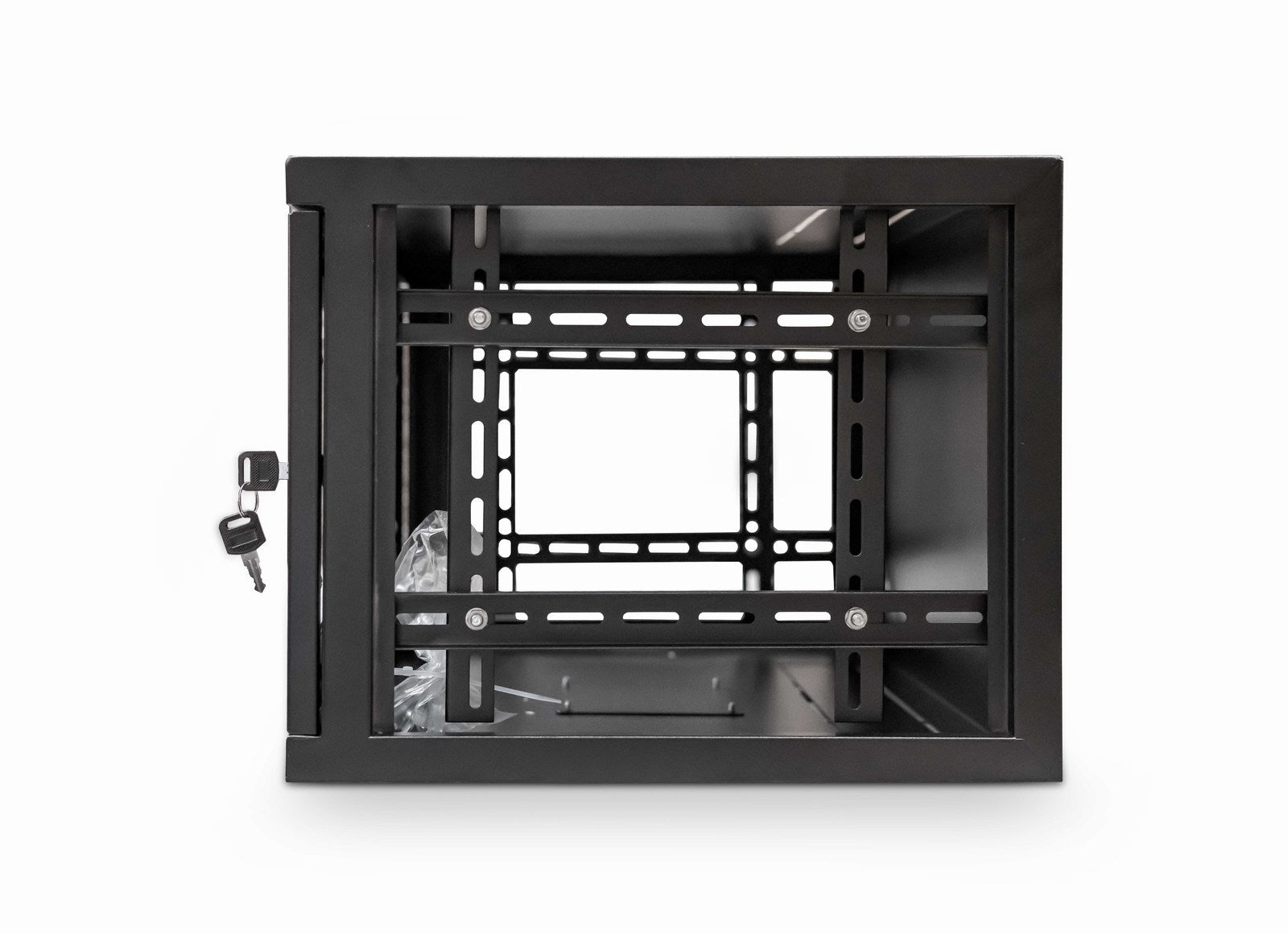 Right side view of a 6U 550mm 19" Wall Mount Data Cabinet - Black, with its left and right cover panels both removed and its keys inserted on the front door.