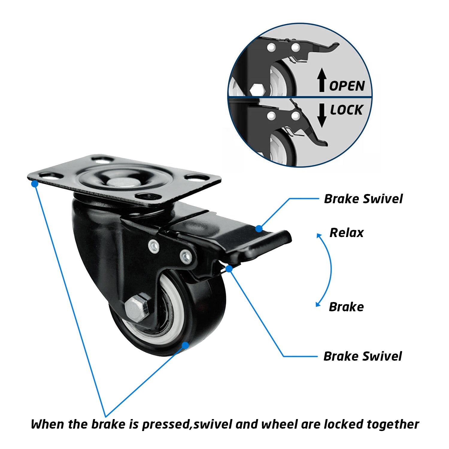 Heavy Duty Castors with Brakes (LMS-4C50PV-P-T-BLK)