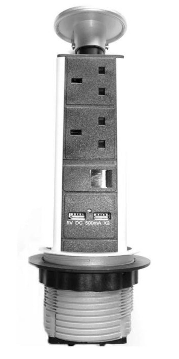 2-Way 13A UK Sockets Table Pop-Up PDU|Desktop PDU+2USB+RJ45
