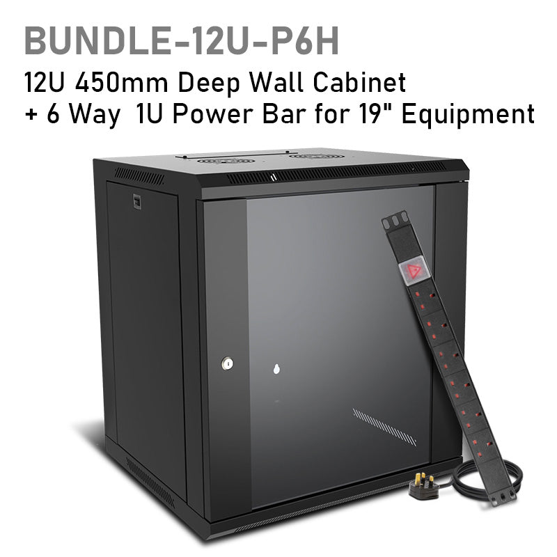 assembled black 12U 450mm-deep wall mount data cabinet shown with a 6-way 1U Power Bar PDU on the side as bundled package.
