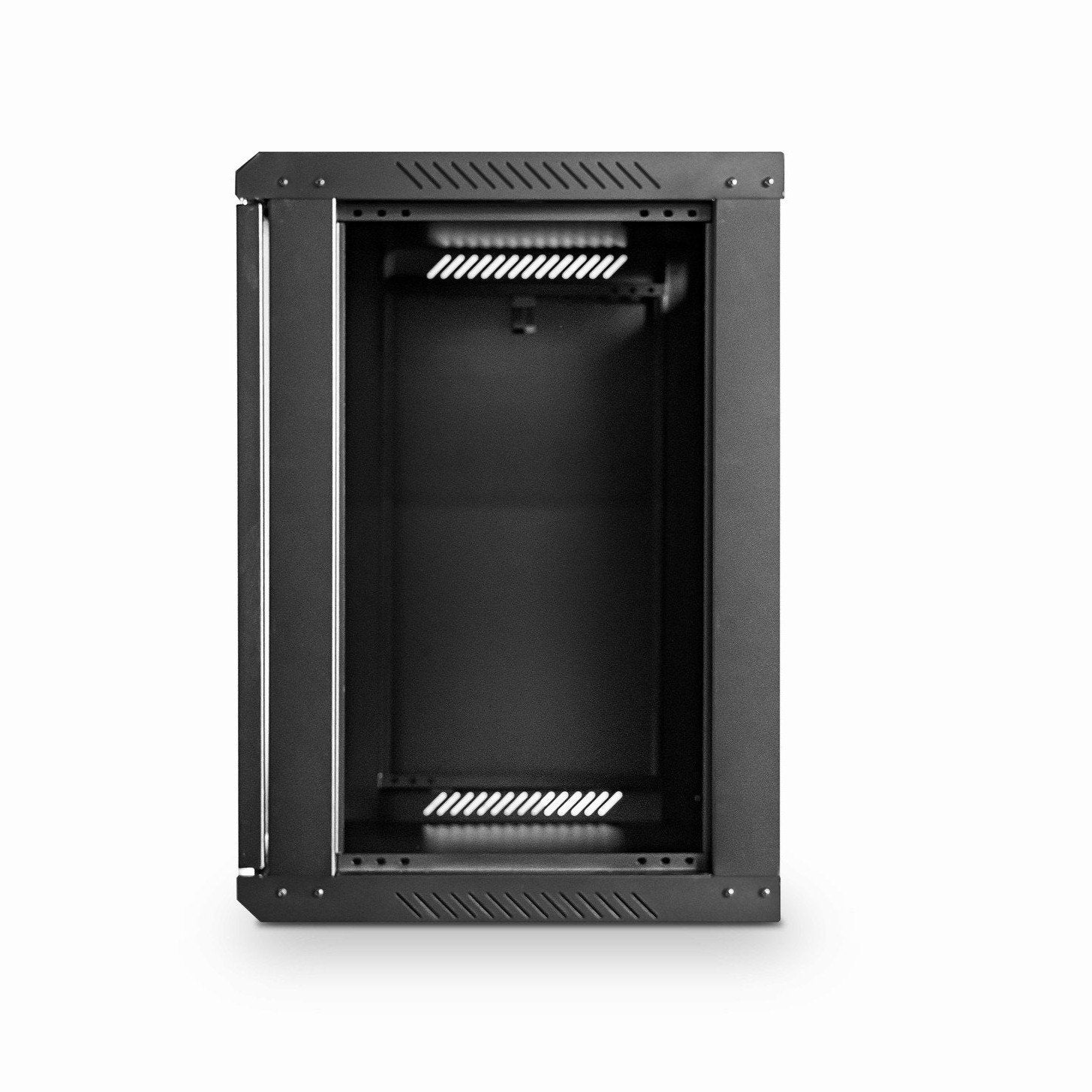 Right-side view of a black 6U 450 mm deep Wall Mount Data Cabinet with its right panel removed.