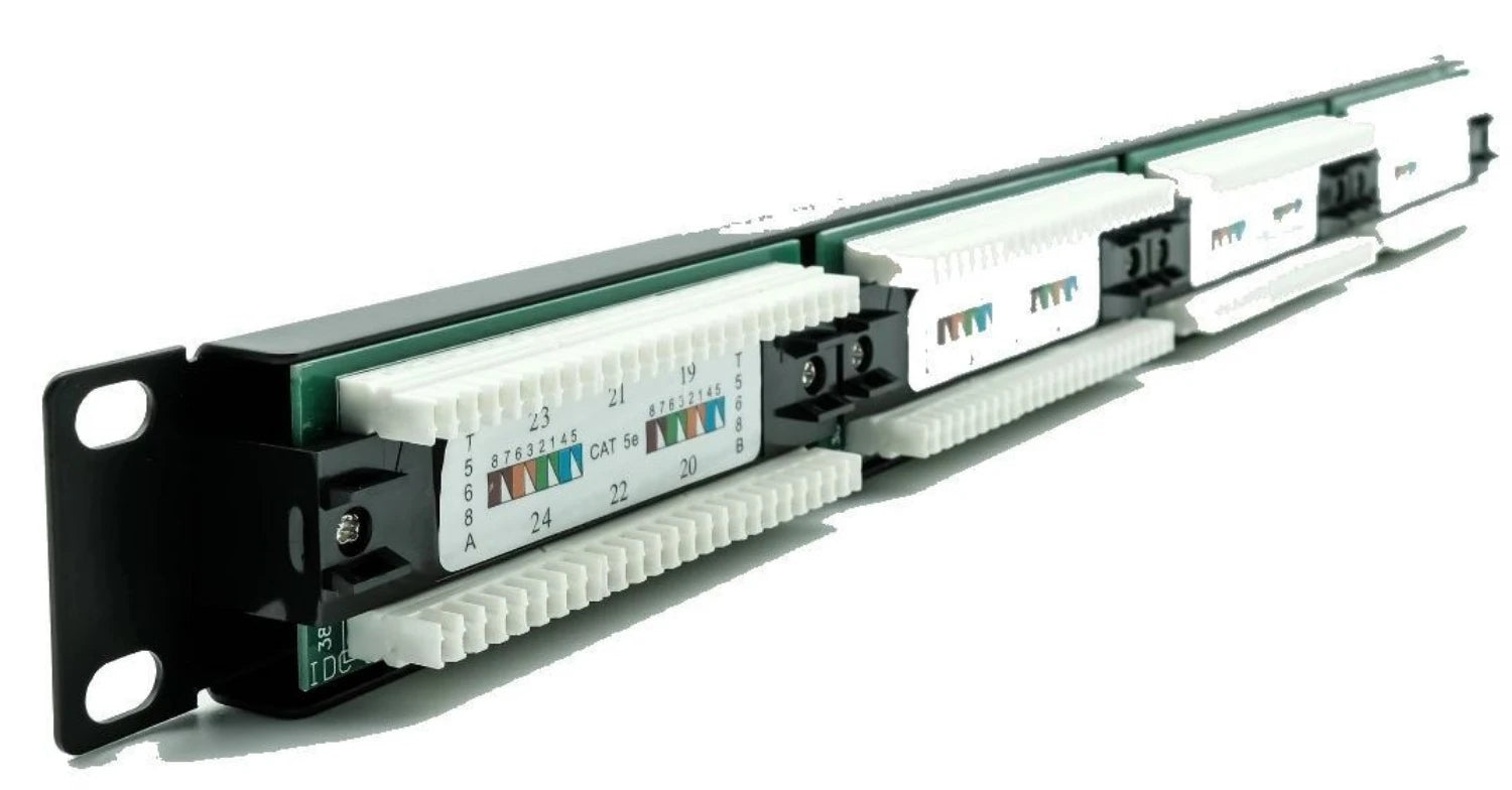 A 24-port  cat5e Patch Panel back part in closed up view. This product is bundled with a 6U Wall Mount Data Cabinet.