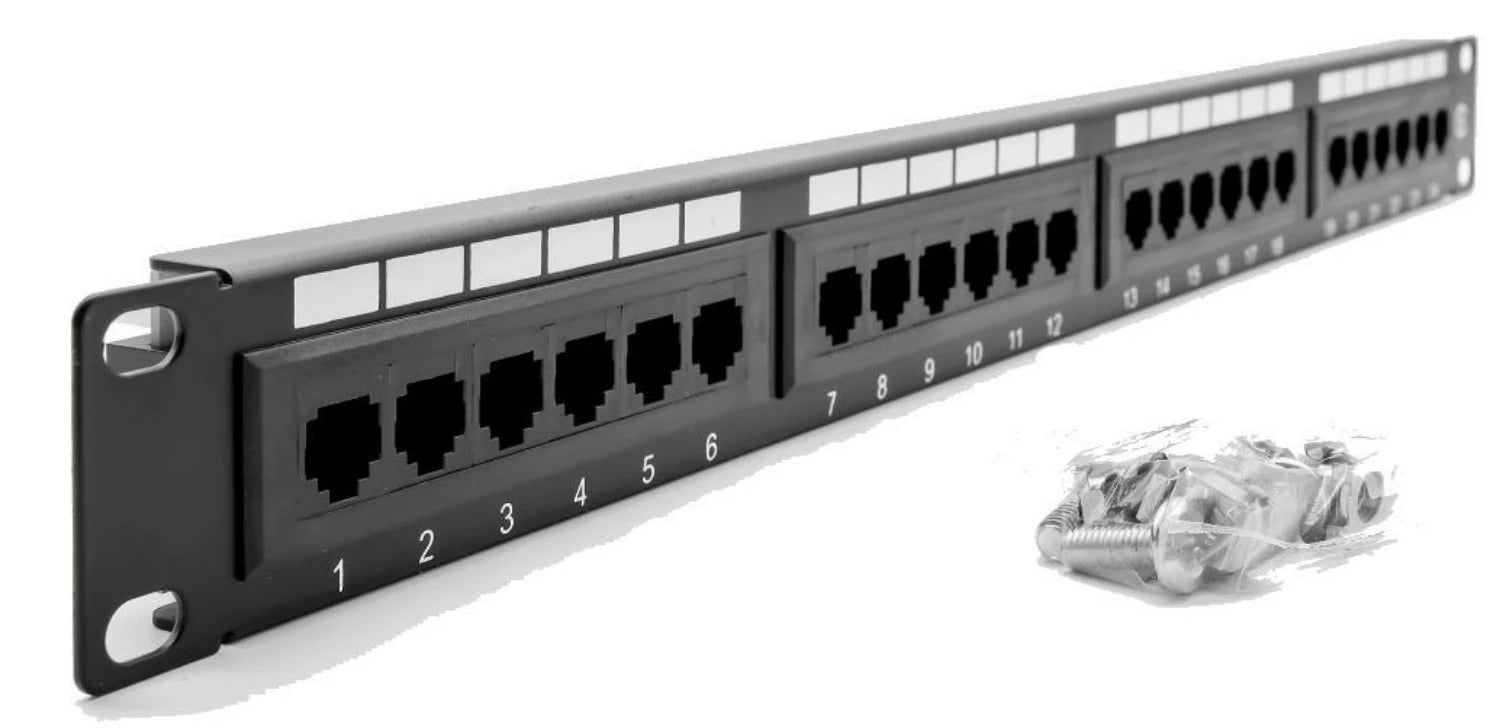 A 24-port Cat5e Patch Panel with accessories on the side in a closed-up up. This product is bundled with a 6U Wall Mount Data Cabinet.