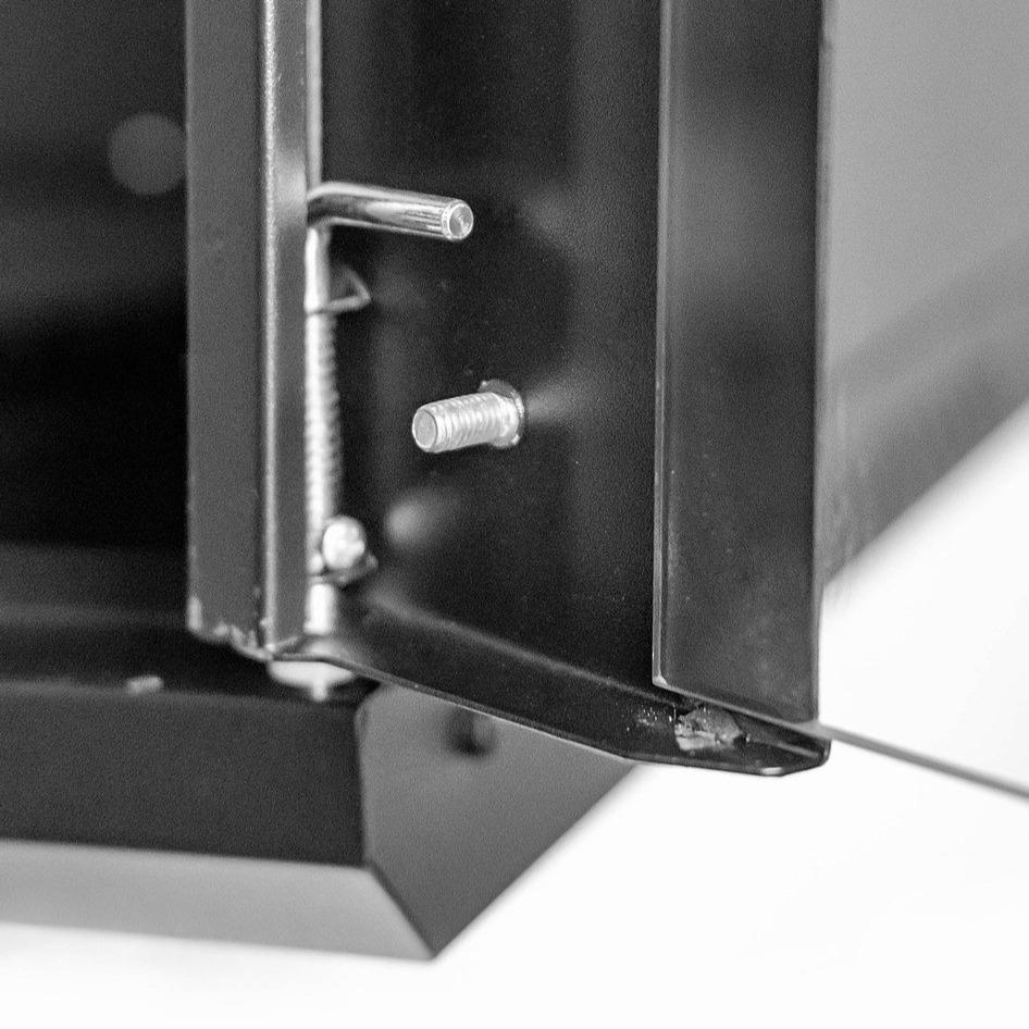 Lower right inner corner view of a black 9U 450 mm-Deep Wall mount Data Cabinet showing its door's bottom hinge.