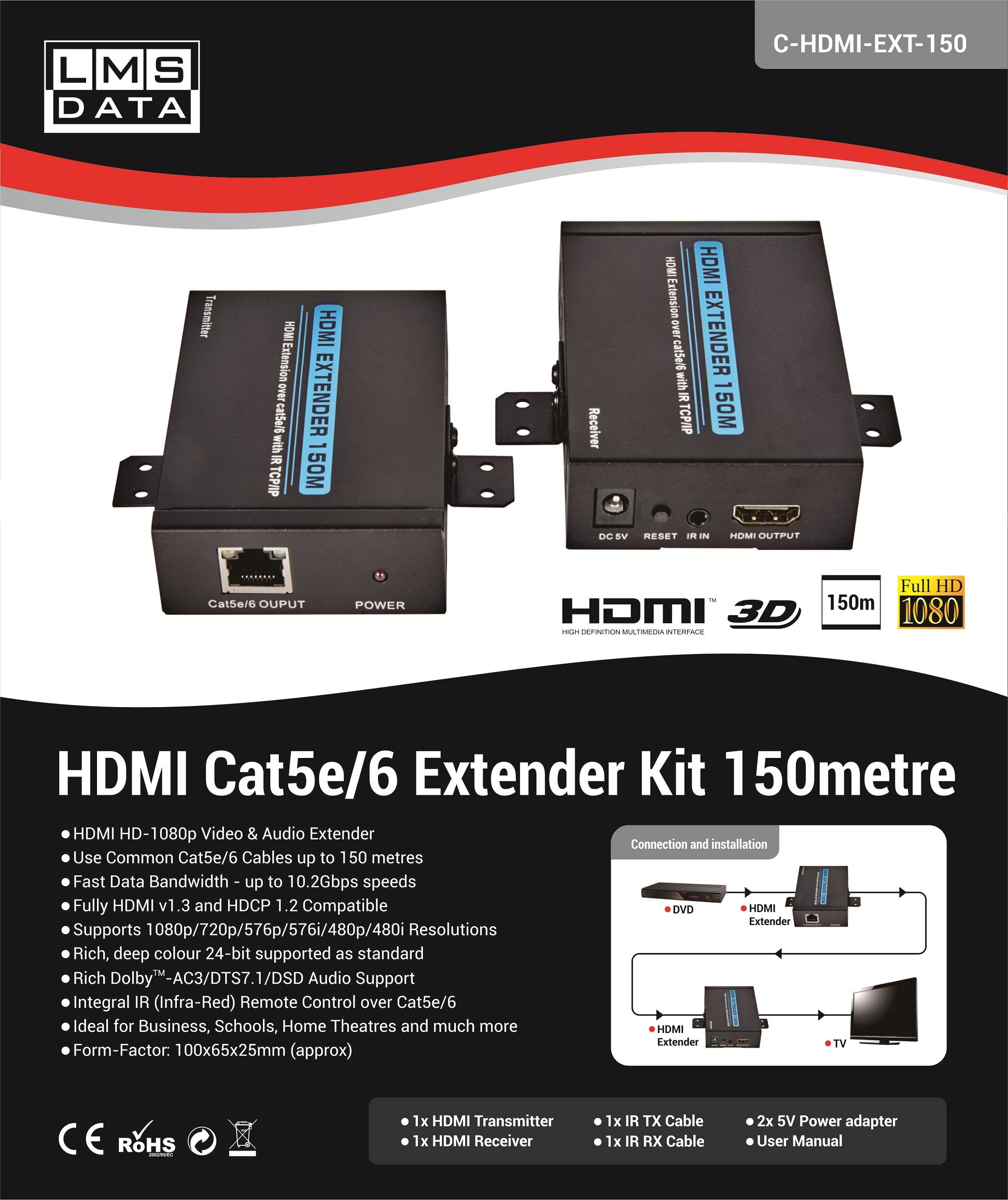 HDMI Extender 1.3v over Cat5e/Cat6 (150m), carton qty 20 - Netbit UK