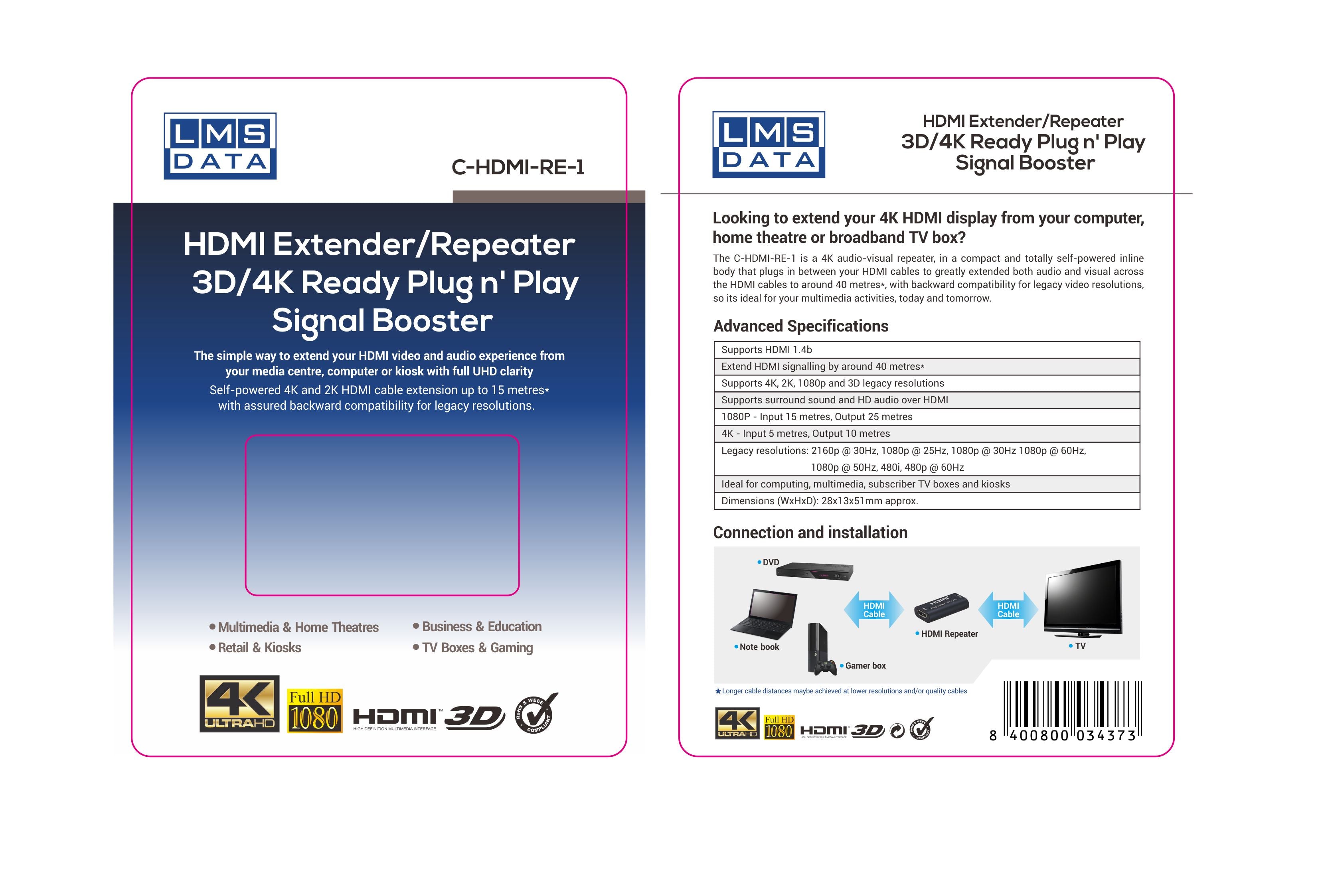 HDMI Extender - Inline 4K Inline Self-Powered HDMI Repeater - Netbit UK