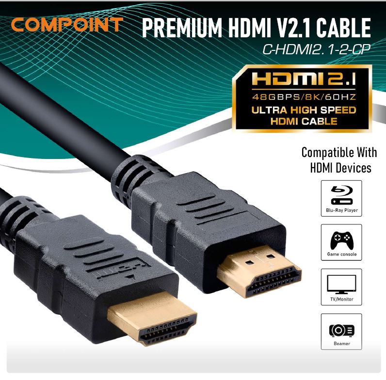 2.0m Ultra High Speed Premium HDMI Cable / Lead v2.1 - 48Gbps/ 8K/ 60Hz - Netbit UK