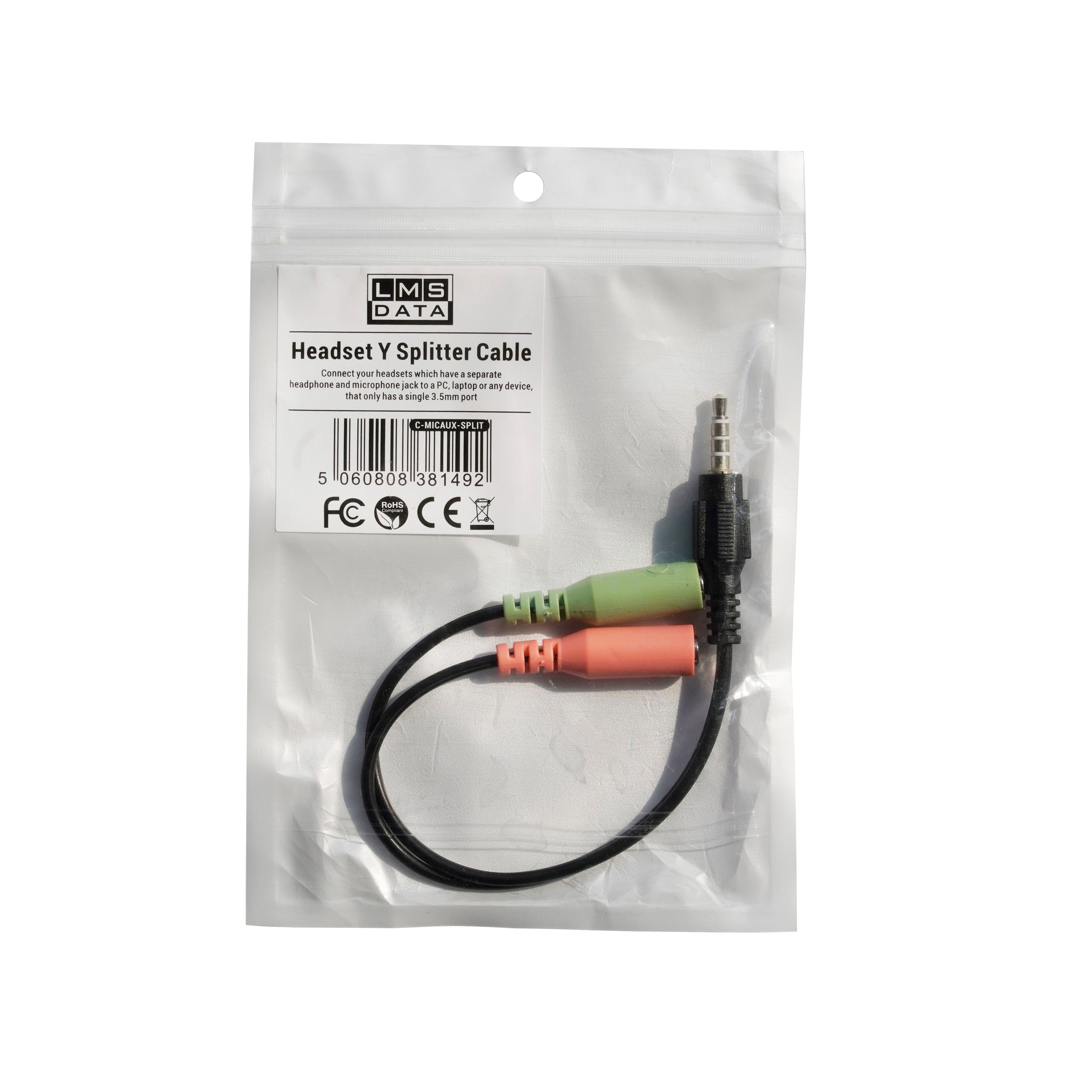 Headset Adapter - 3.5mm 2 Male MIC/AUX to 1 Female Audio Splitter Cable Adapter (C-MICAUX-1PORT)