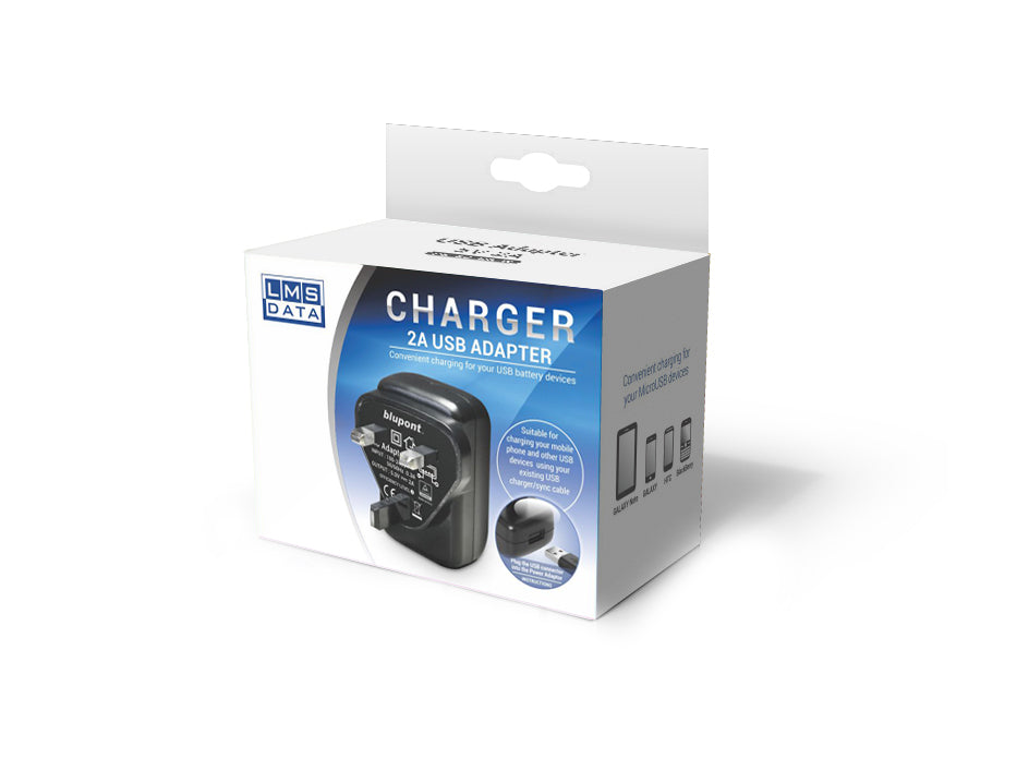 2A USB Power Adaptor & Charger - UK Plug - Black - Netbit UK