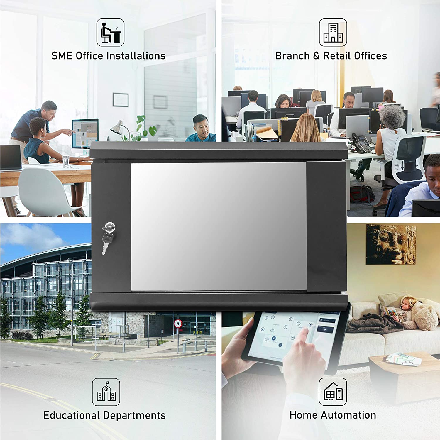 Front view of a 6U Wall Mount Data Cabinet with the door closed. Image shown with application graphics.