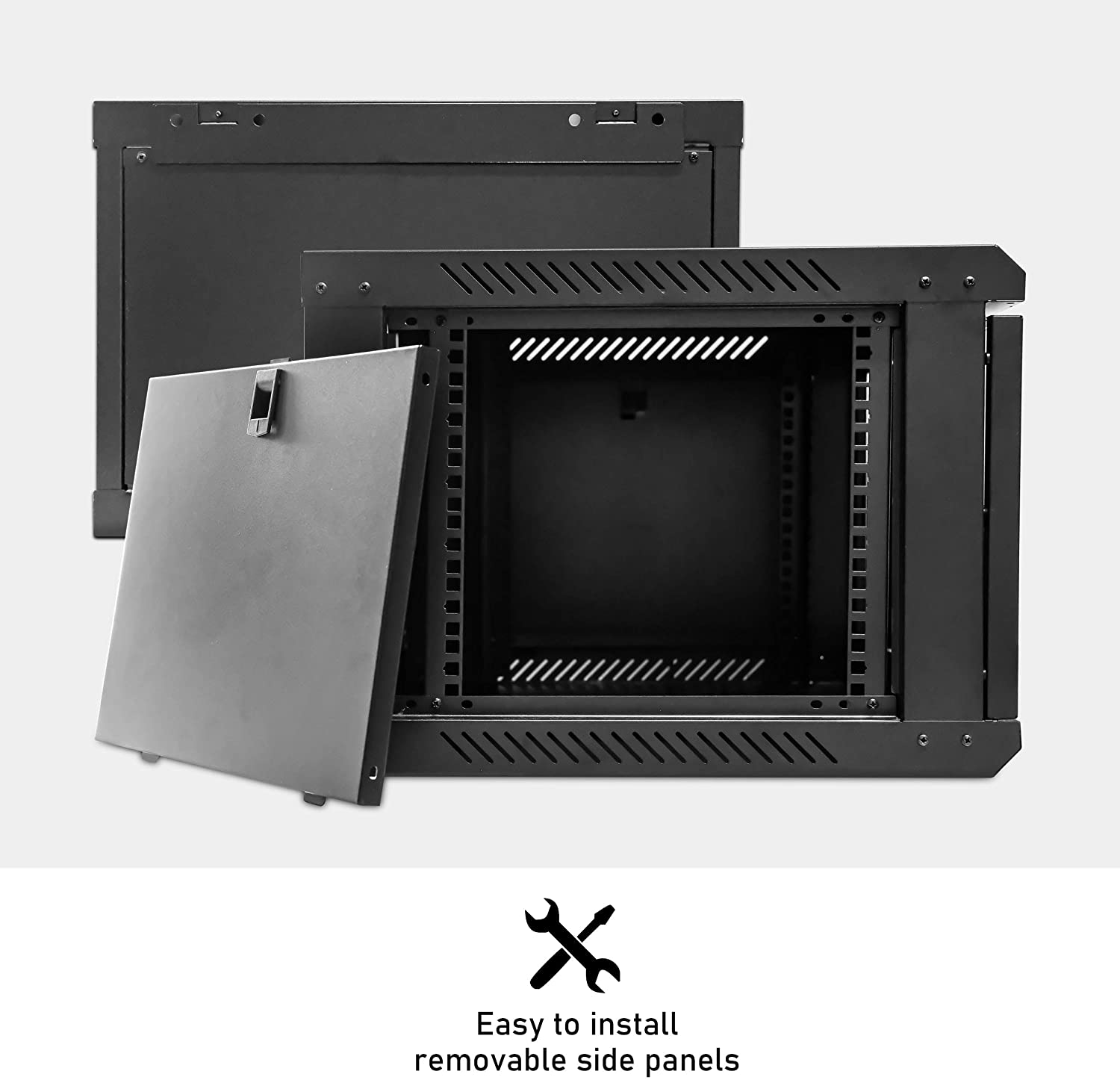 Left side view of a 6U Wall Mount Data Cabinet with the left and back panel dismantled.