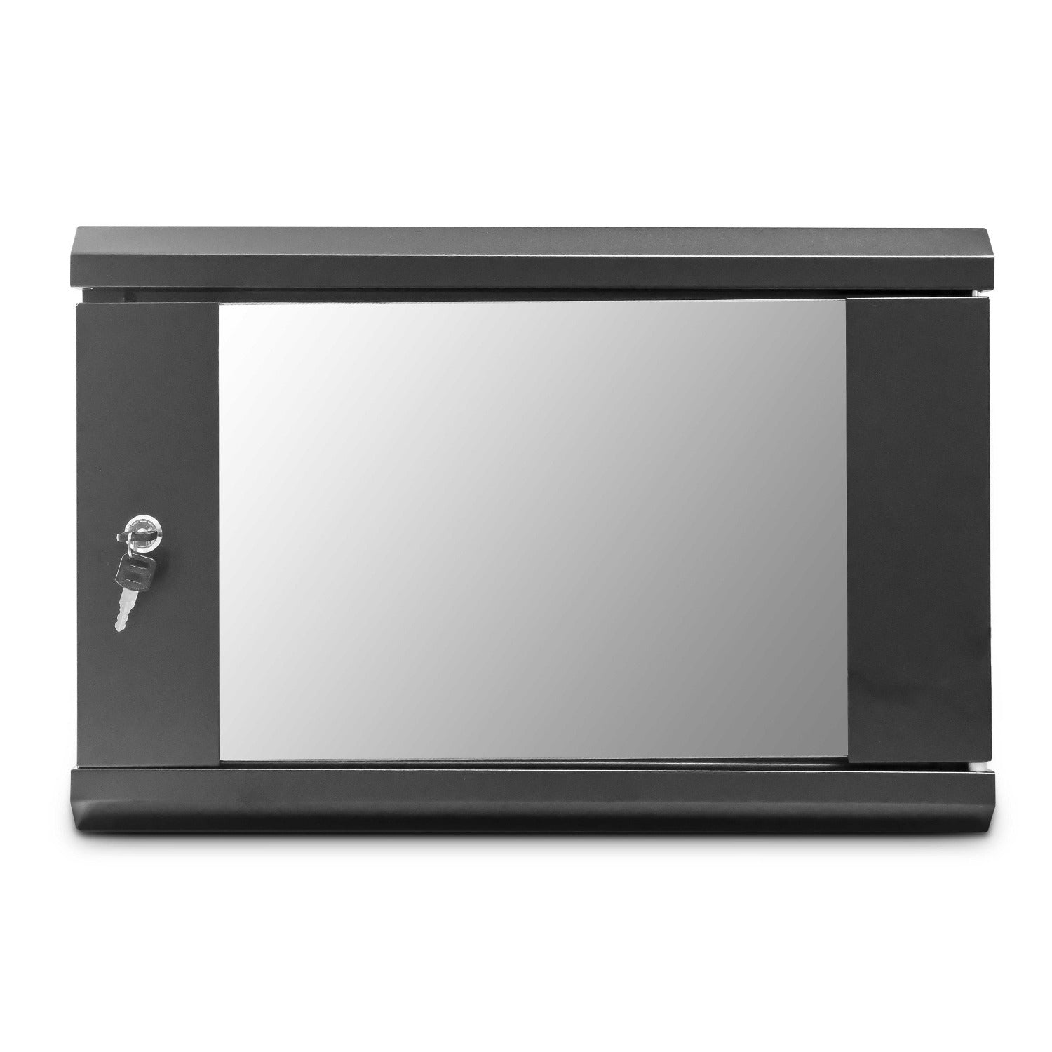Front view showing CAB-C9 black Wall Mount Data Cabinet shown with glass door with lock ,with keys.