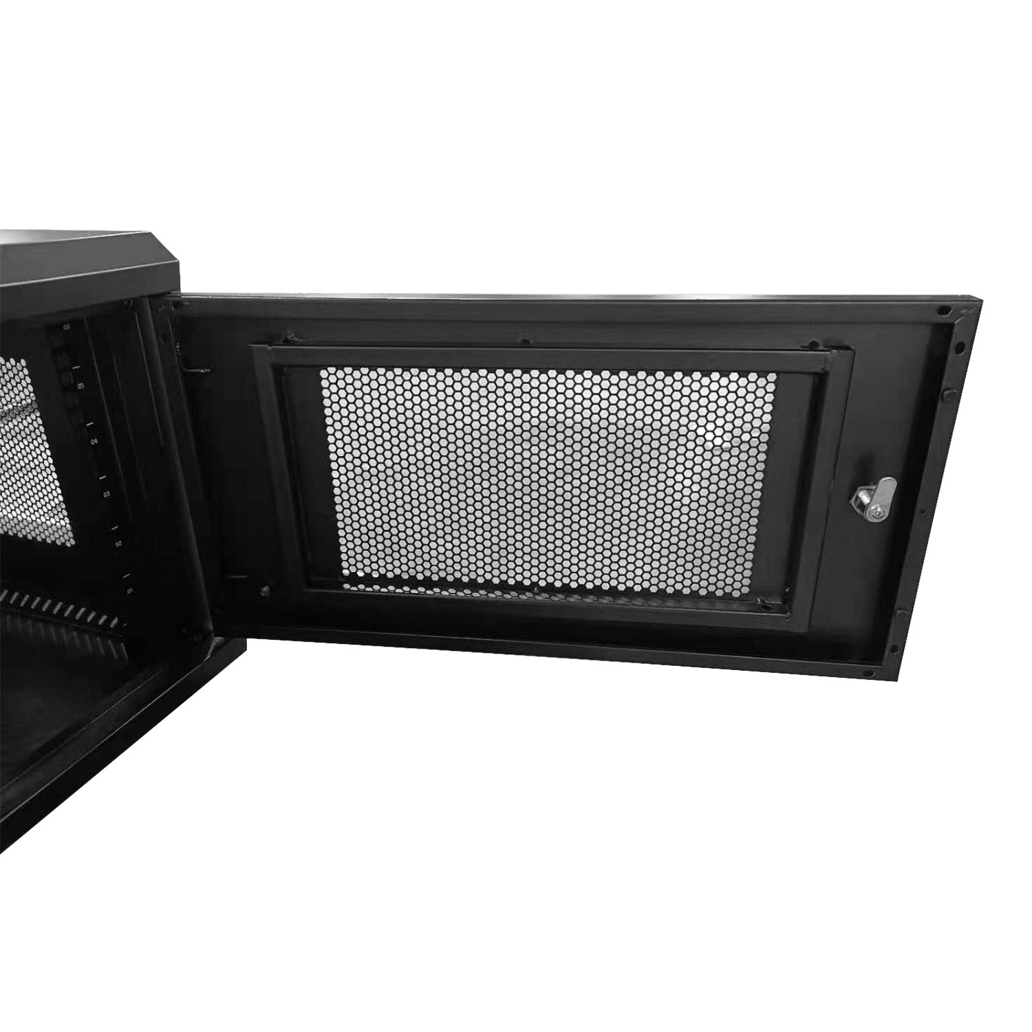 The lockable glass door of a 9U Wall Mount Data Cabinet swung open.