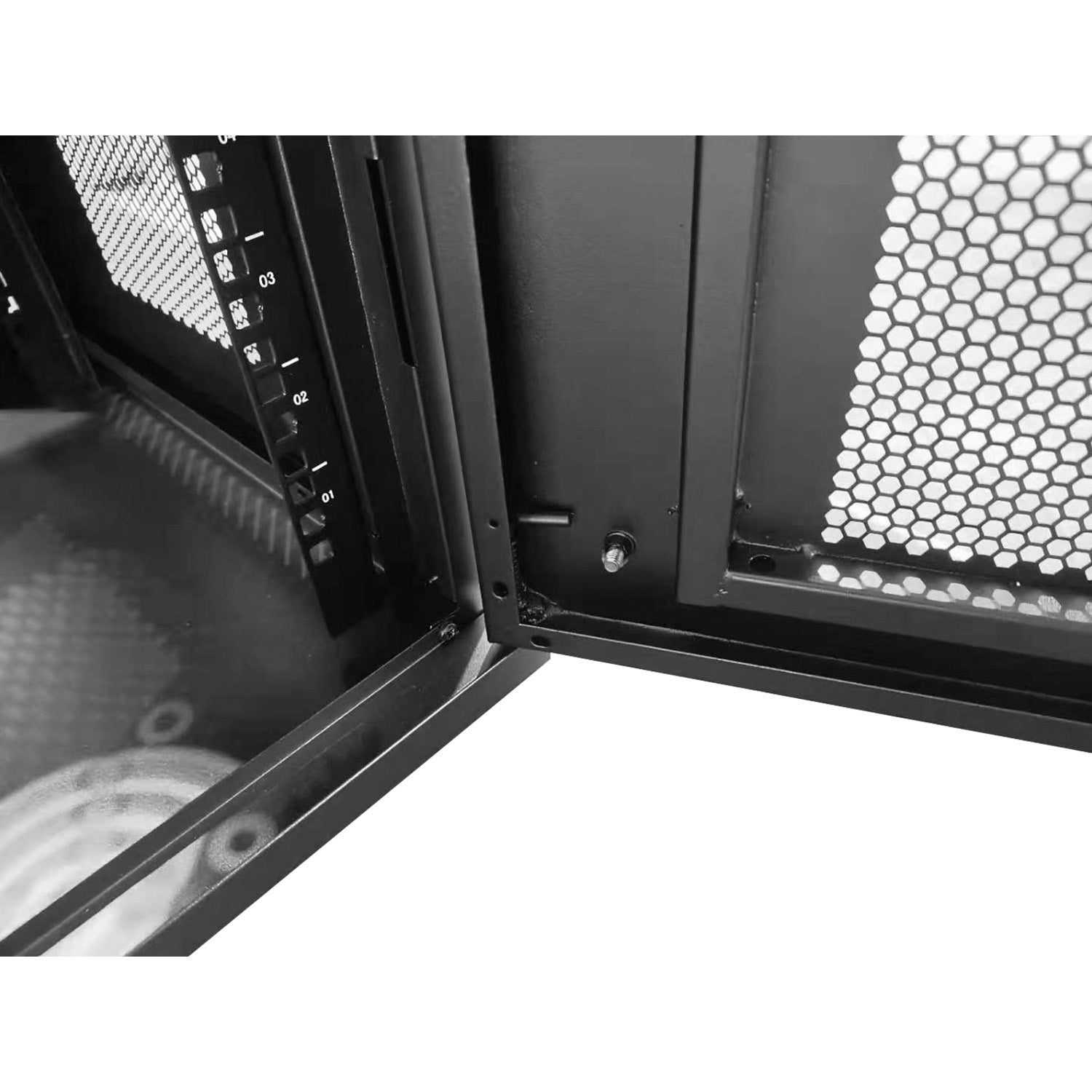The lockable glass door of a 9U Wall Mount Data Cabinet swung open, shown with lower hinge in close-up view.