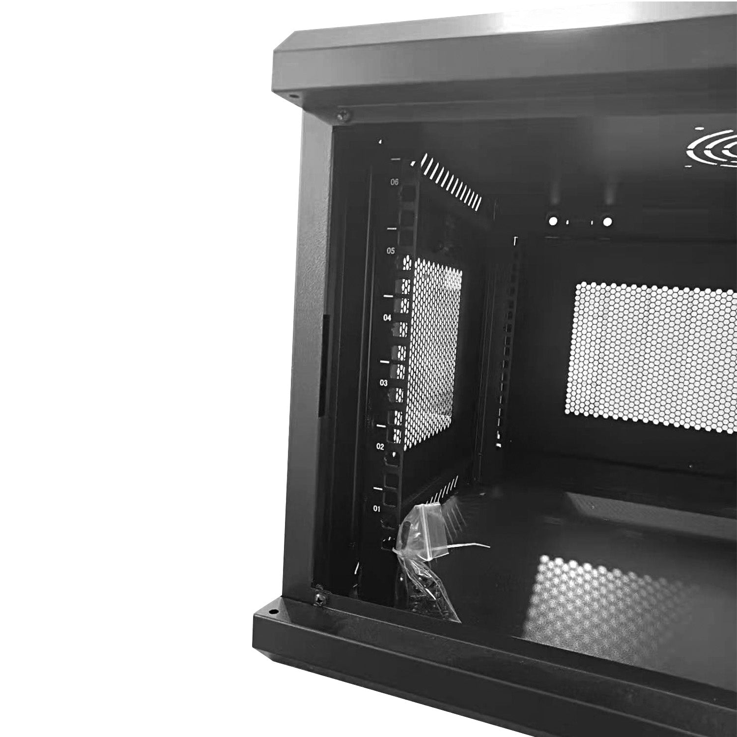 A 9U Wall Mount Data Cabinet with the removed door.