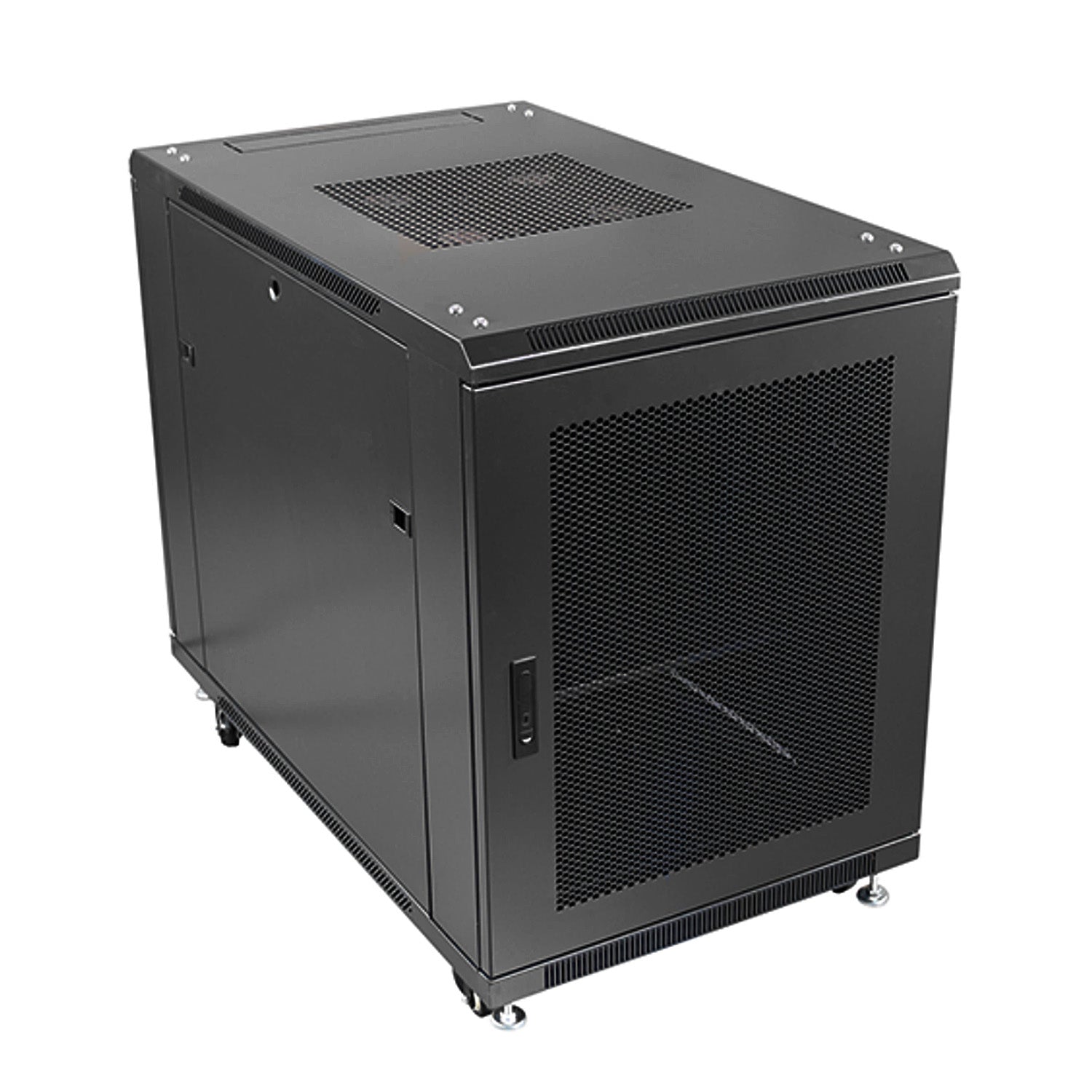 Isometric left front view of a 12U Server Cabinet showing its mesh-vented roof and lockable door