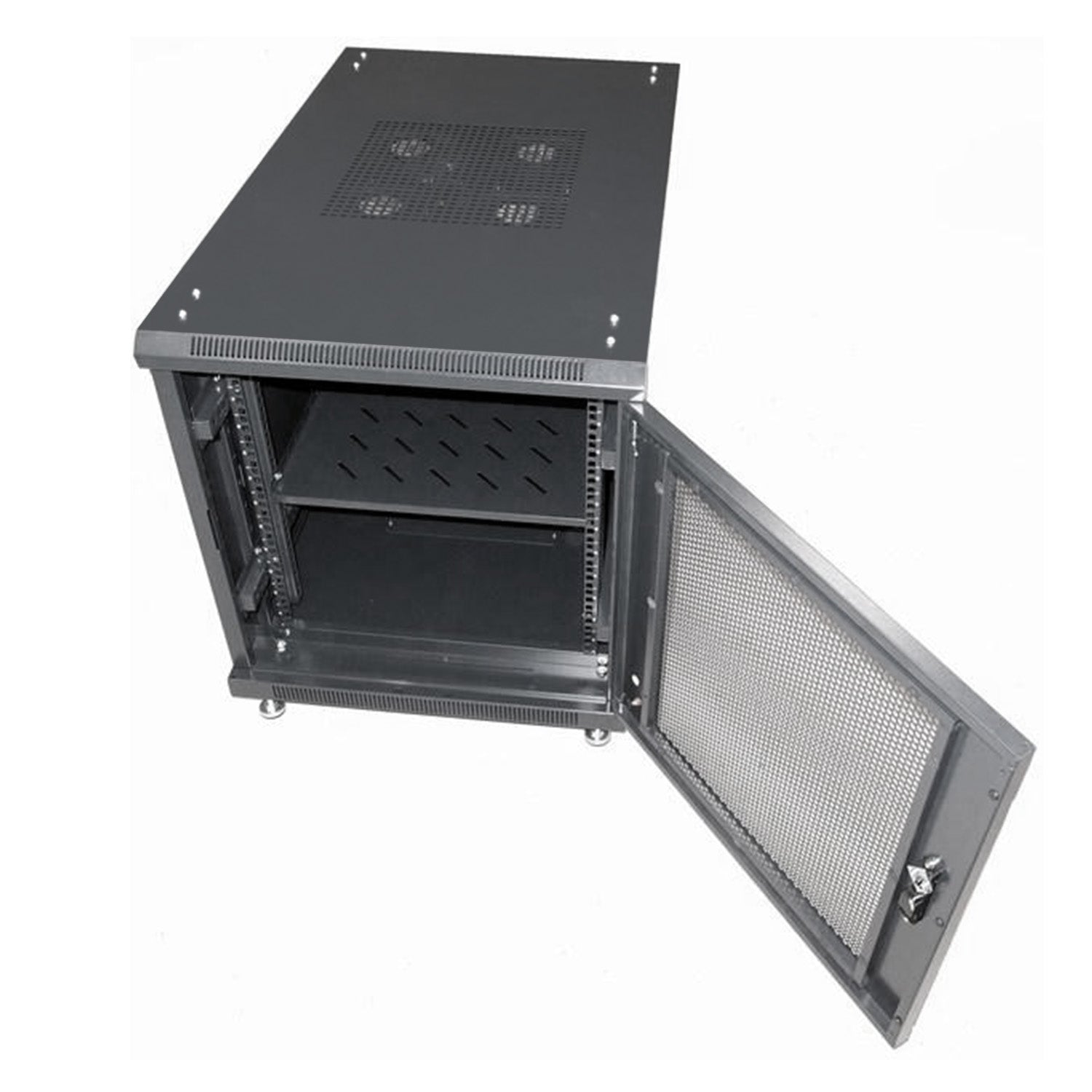 Angled front top view of 12U Server Cabinet showing its opened mesh door and inner shelf