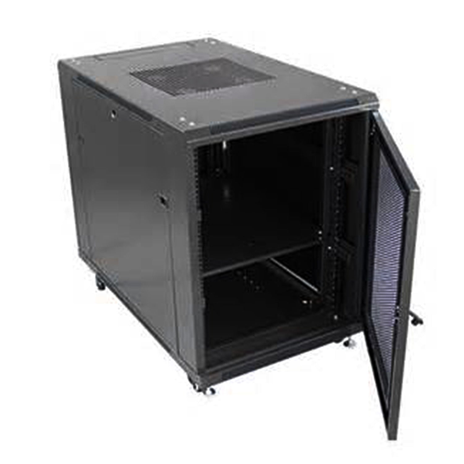 15U Server Cabinet shown with open mesh lockable door and inner shelf