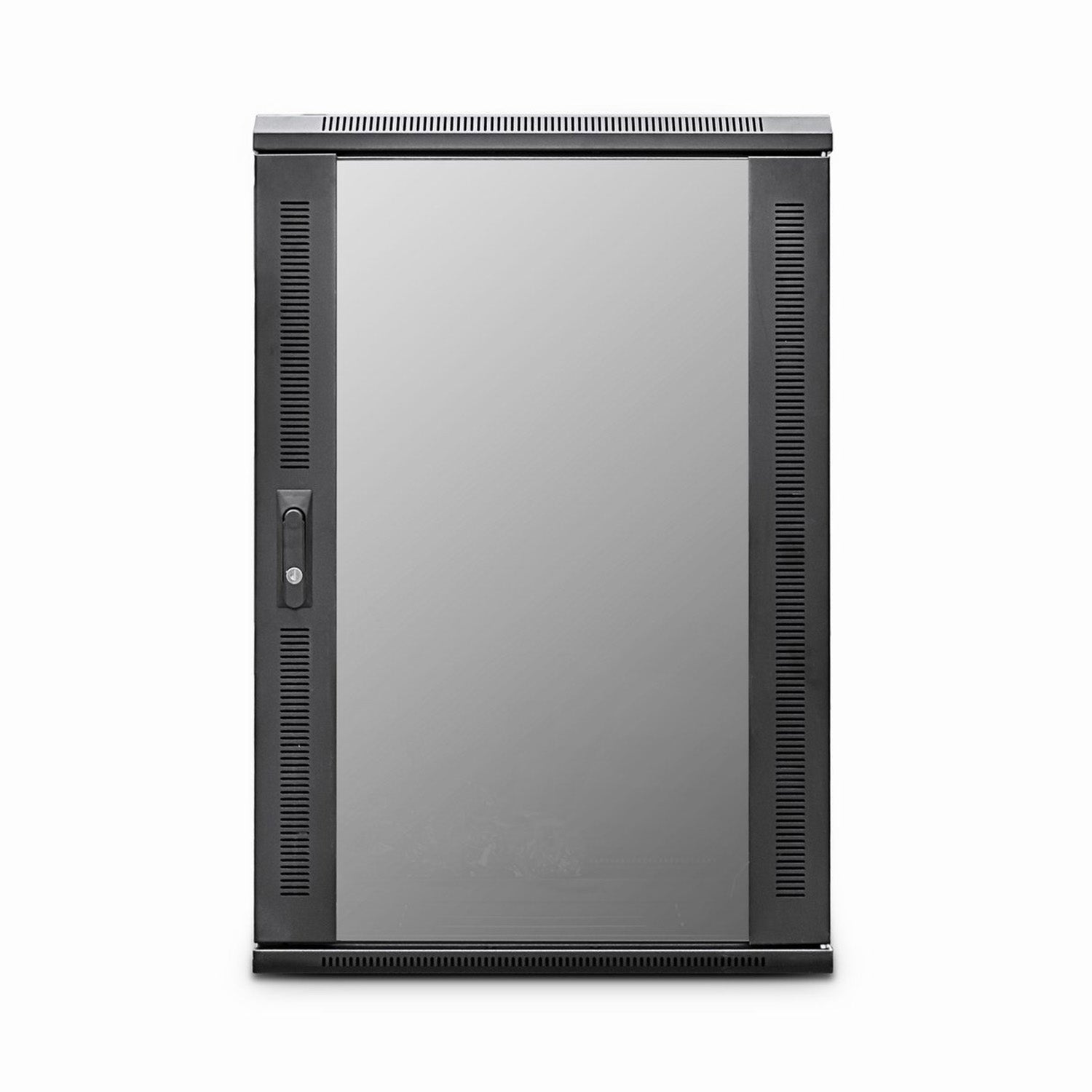 Front view of 27U floor-standing Data Cabinet showing its closed, lockable and vented frame glass door.