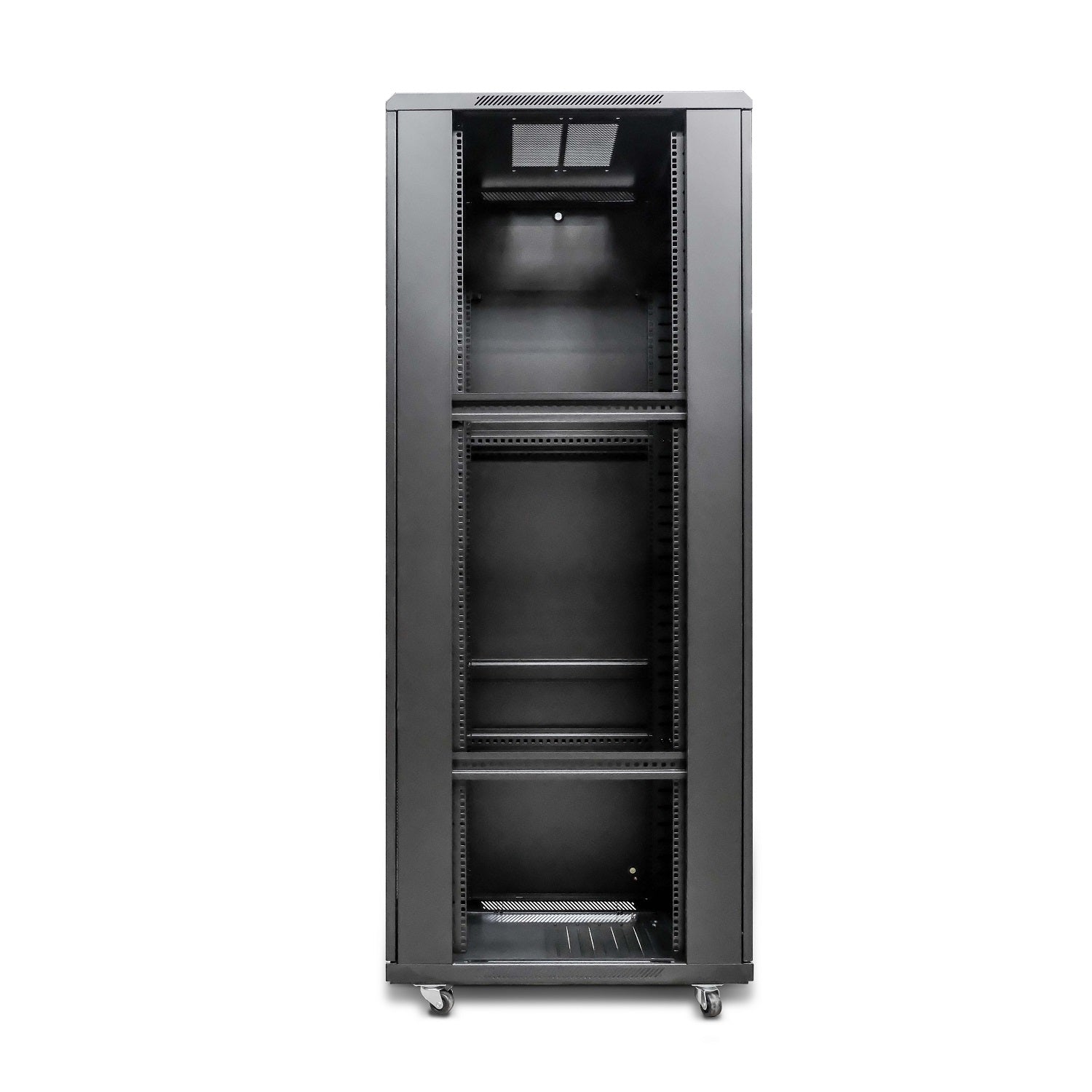 Right side view of 27U Floor-standing Server Cabinet without the removable right panel, showing the interior and caster wheels.