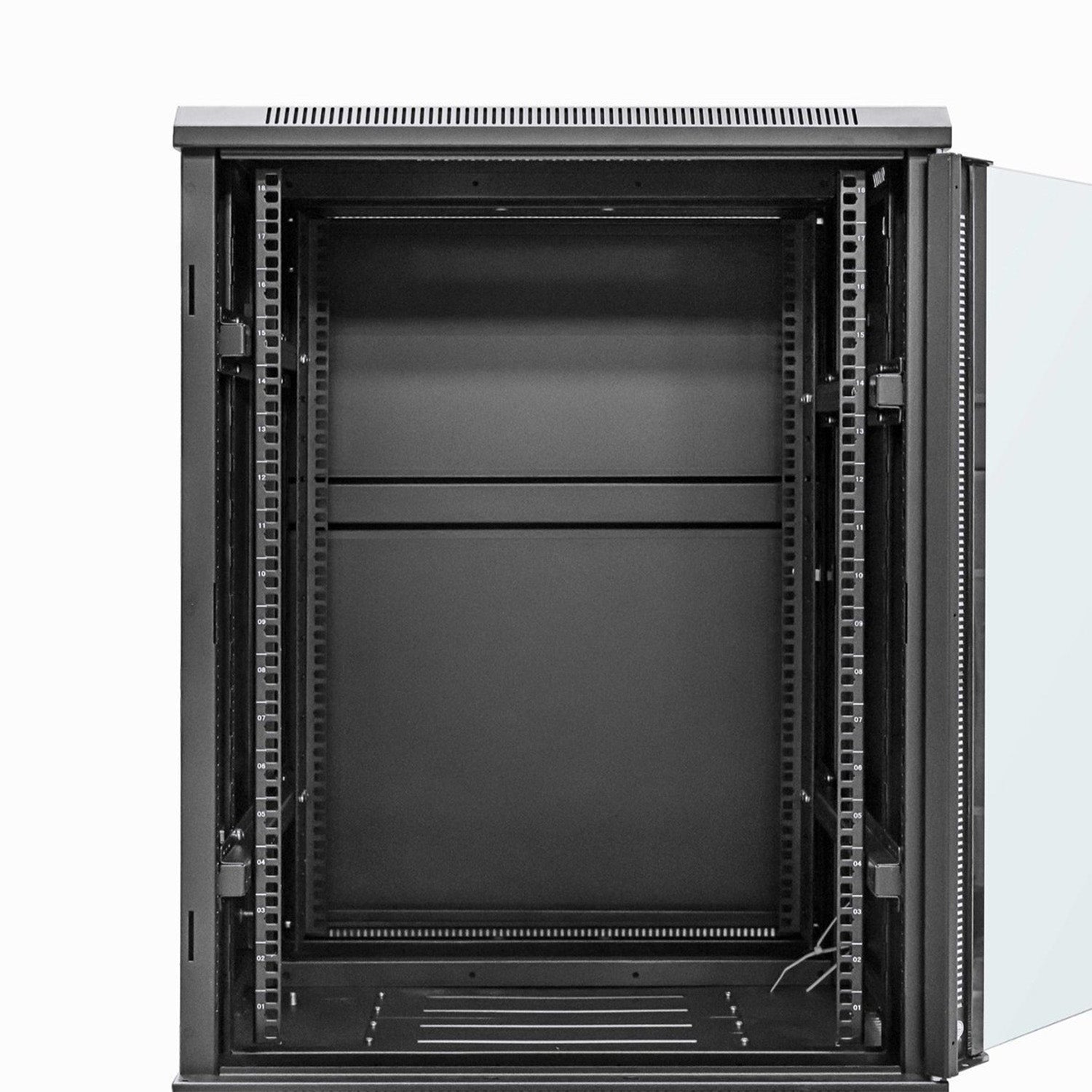 Front view of a 42U floor-standing Data Cabinet with door fully opened, showing its inner parts.