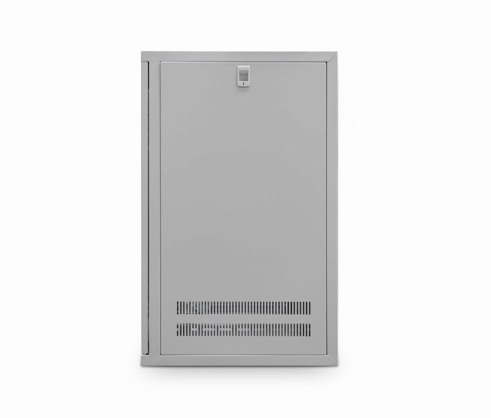 Right-side view of a grey 12U 450 mm-deep  & 19" ETSI Wall Mount Data Cabinet shown with attached removable right-side panel.