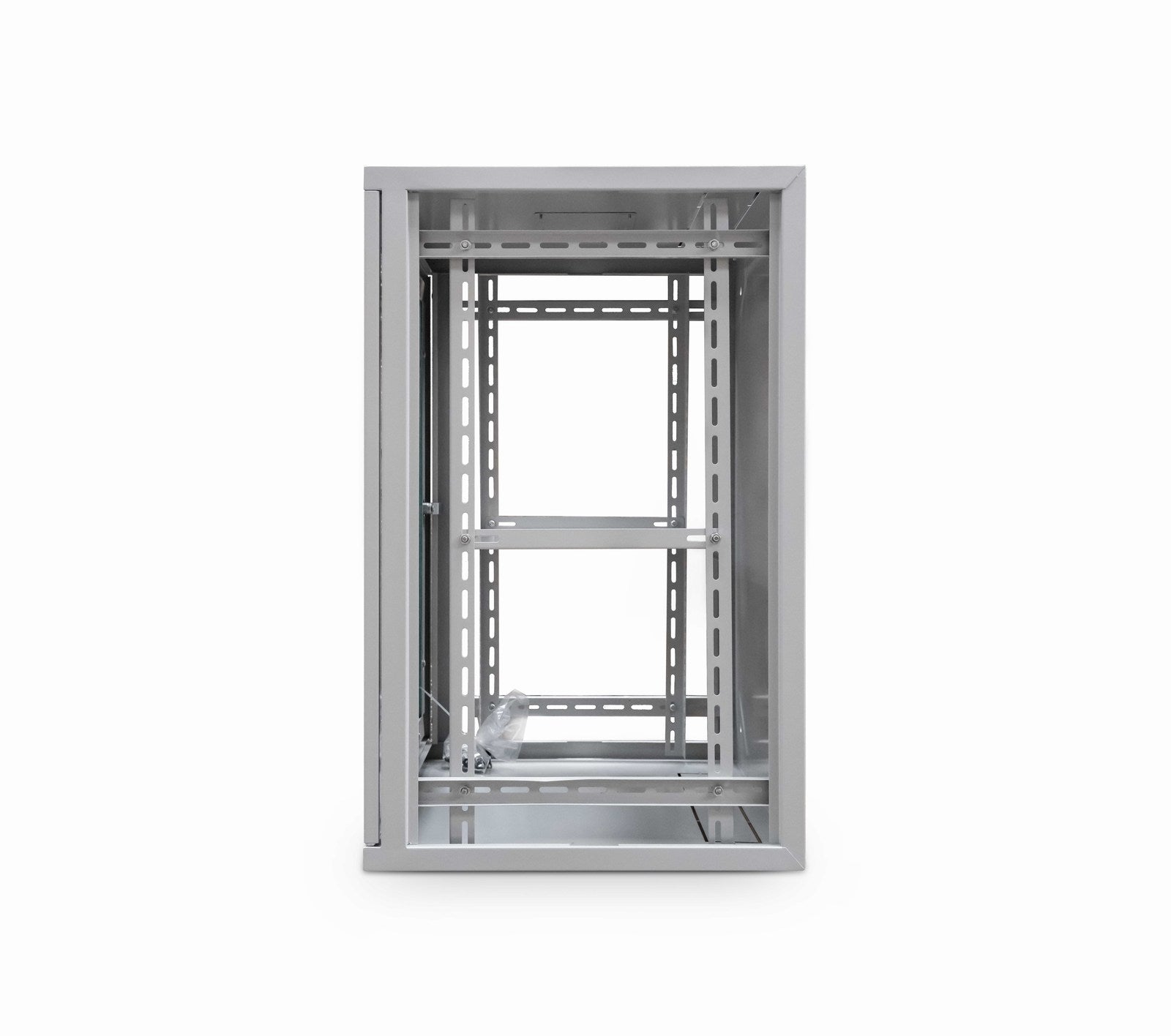 Right-side view of a grey 12U 450 mm-deep &  19" ETSI Wall Mount Data Cabinet shown with removed left and right side panels.