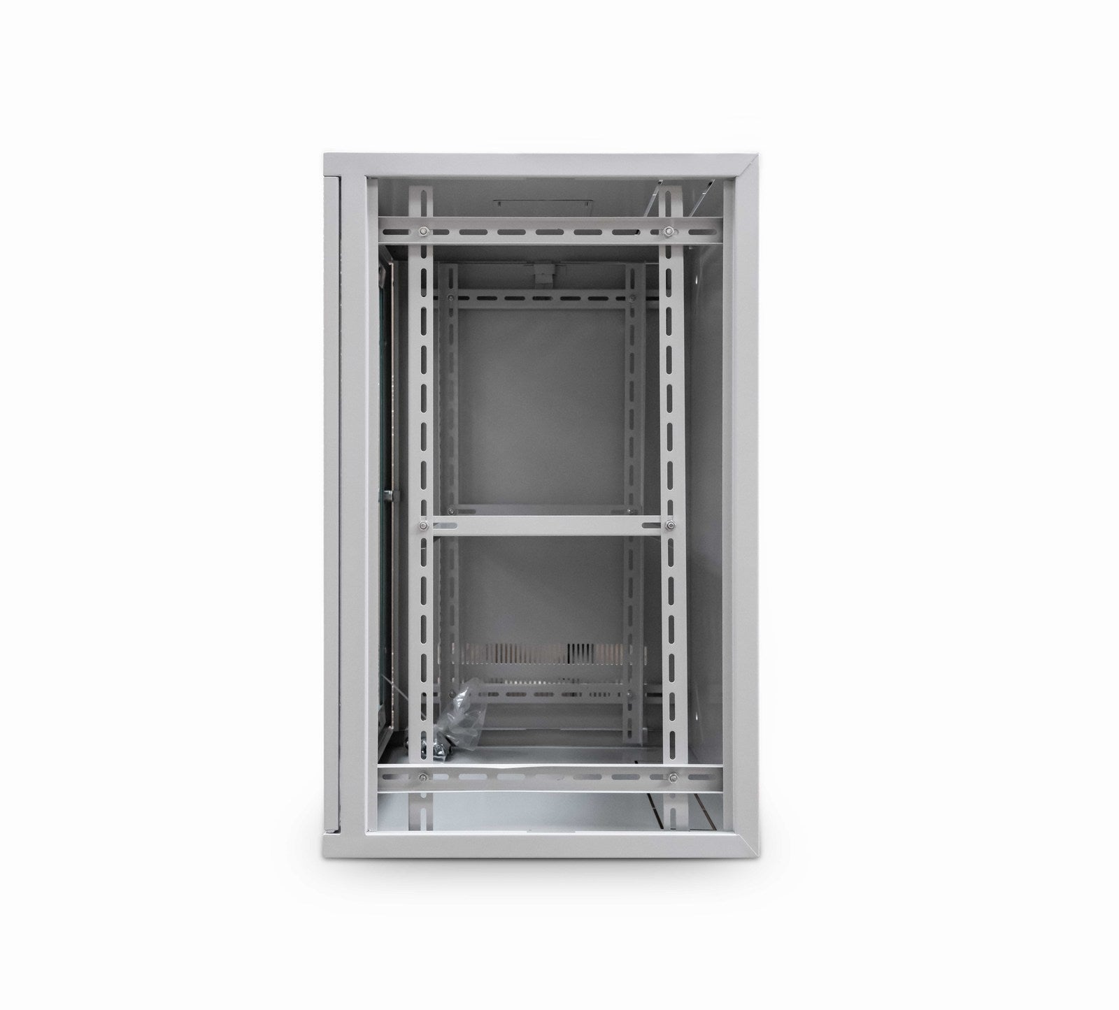 Right-side view of a grey 12U 550mm - deep 19" ETSI Wall Mount Data Cabinet shown with removed right-side panel.