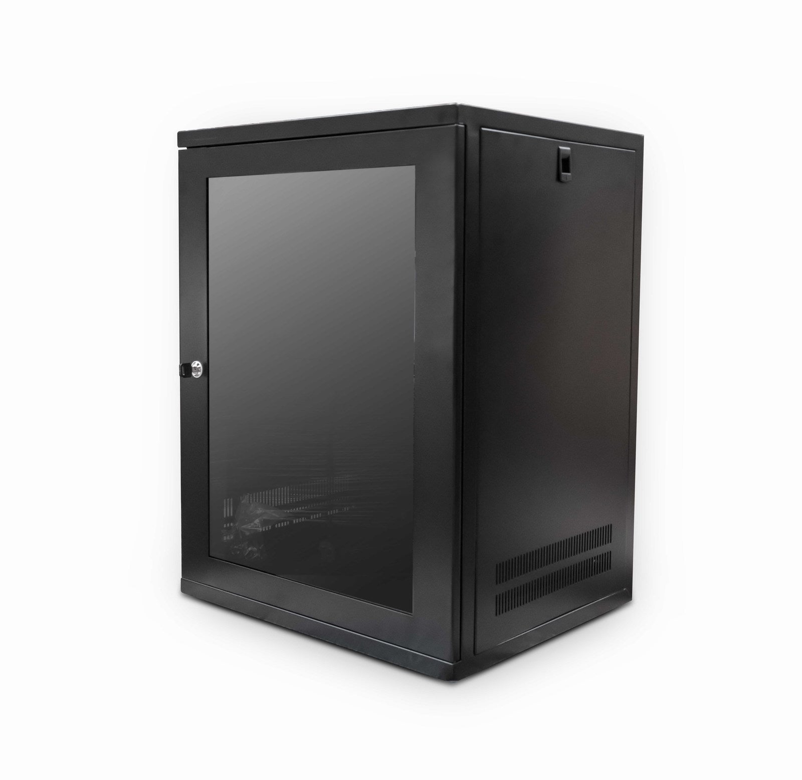 Isometric front view of a Black 15U 450mm deep & 19" ETSI Wall Mount Data Cabinet w/ Shelf and its glass door closed.