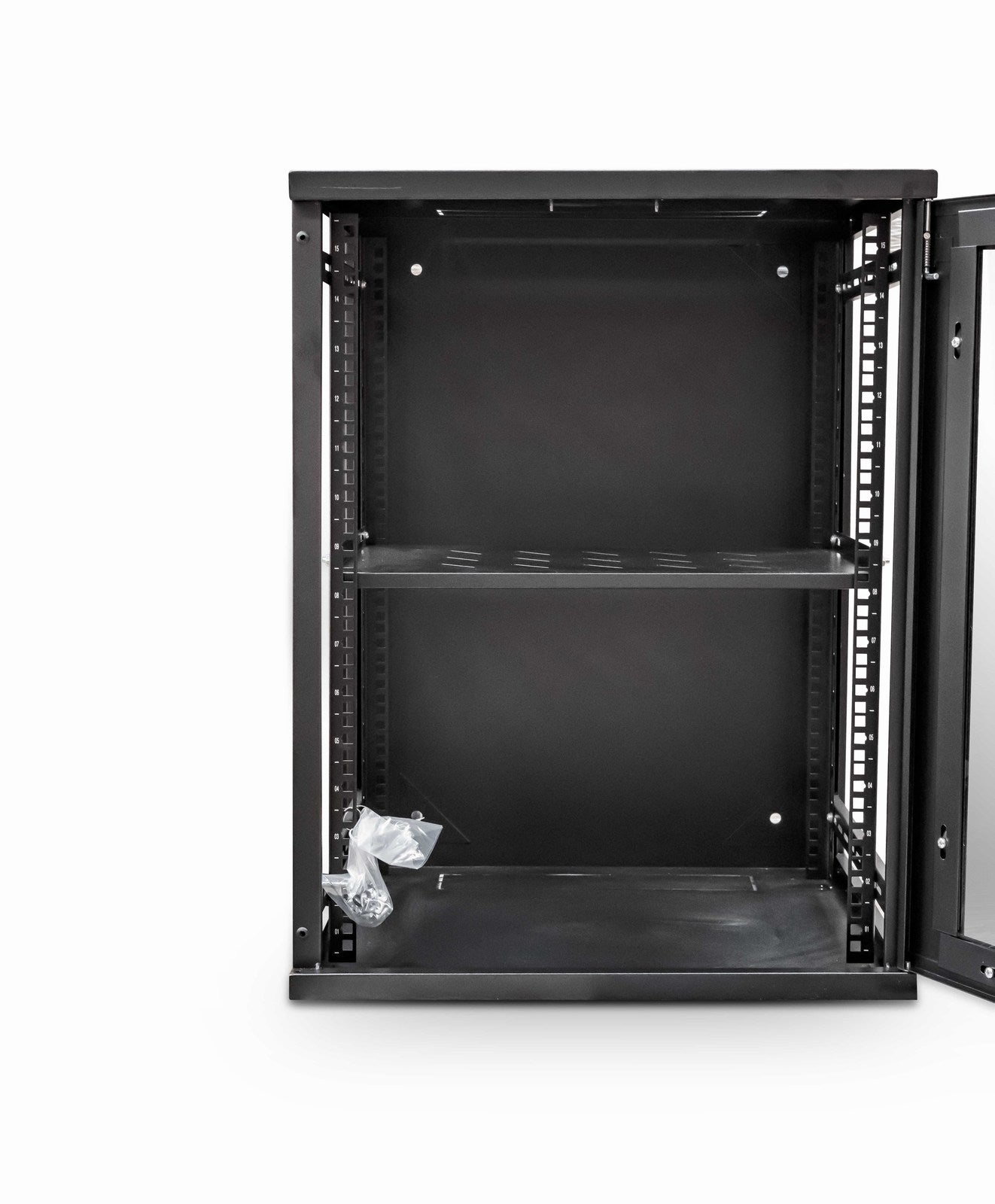 Front view of a black 21U 450mm 19" ETSI Wall Mount Network Cabinet wih Shelf shown without the side panels and the glass door is fully opened.