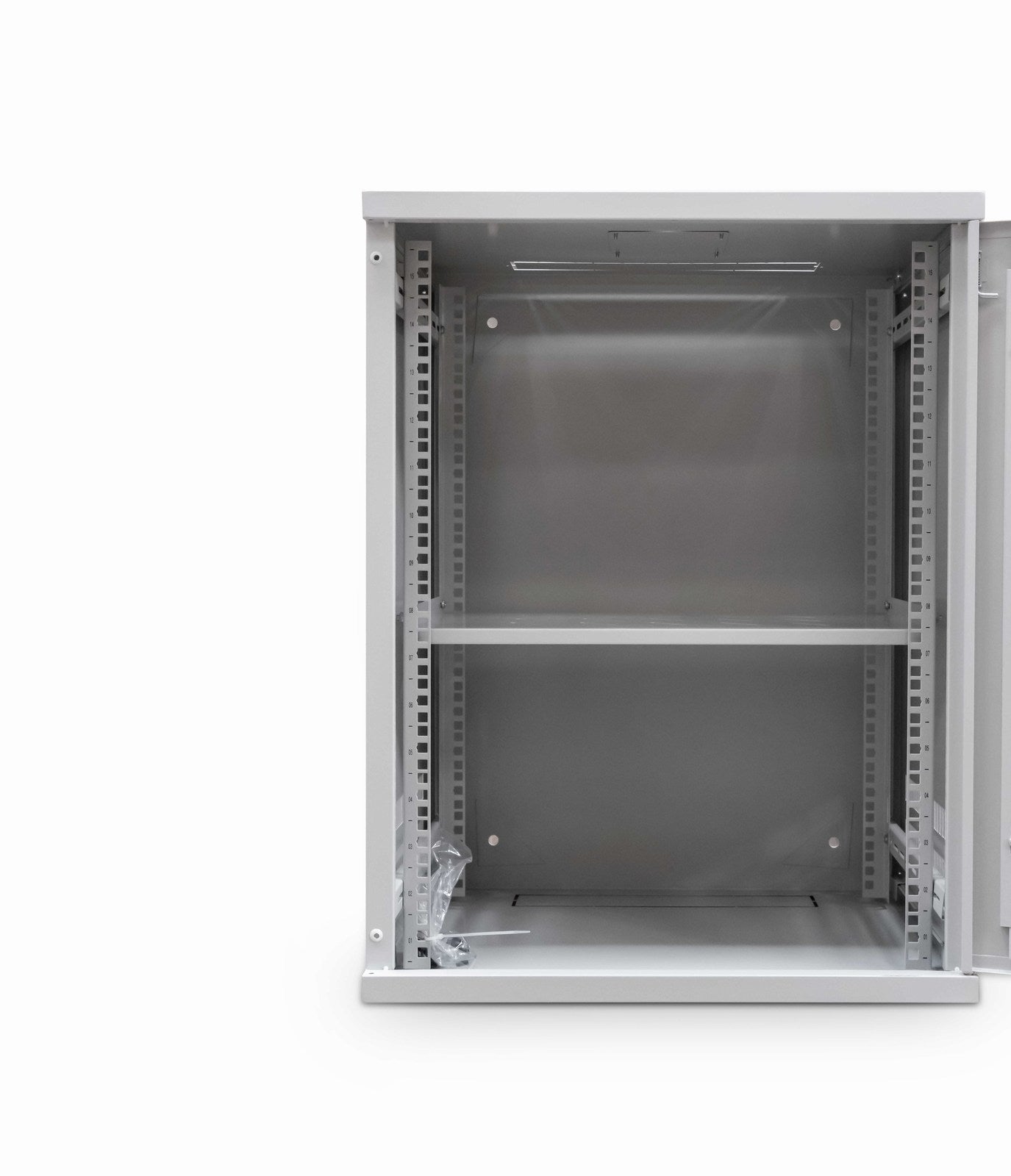 Front view of a grey 15U 550 mm deep 19" ETSI Wall Mount Data Cabinet shown with glass door fully opened.