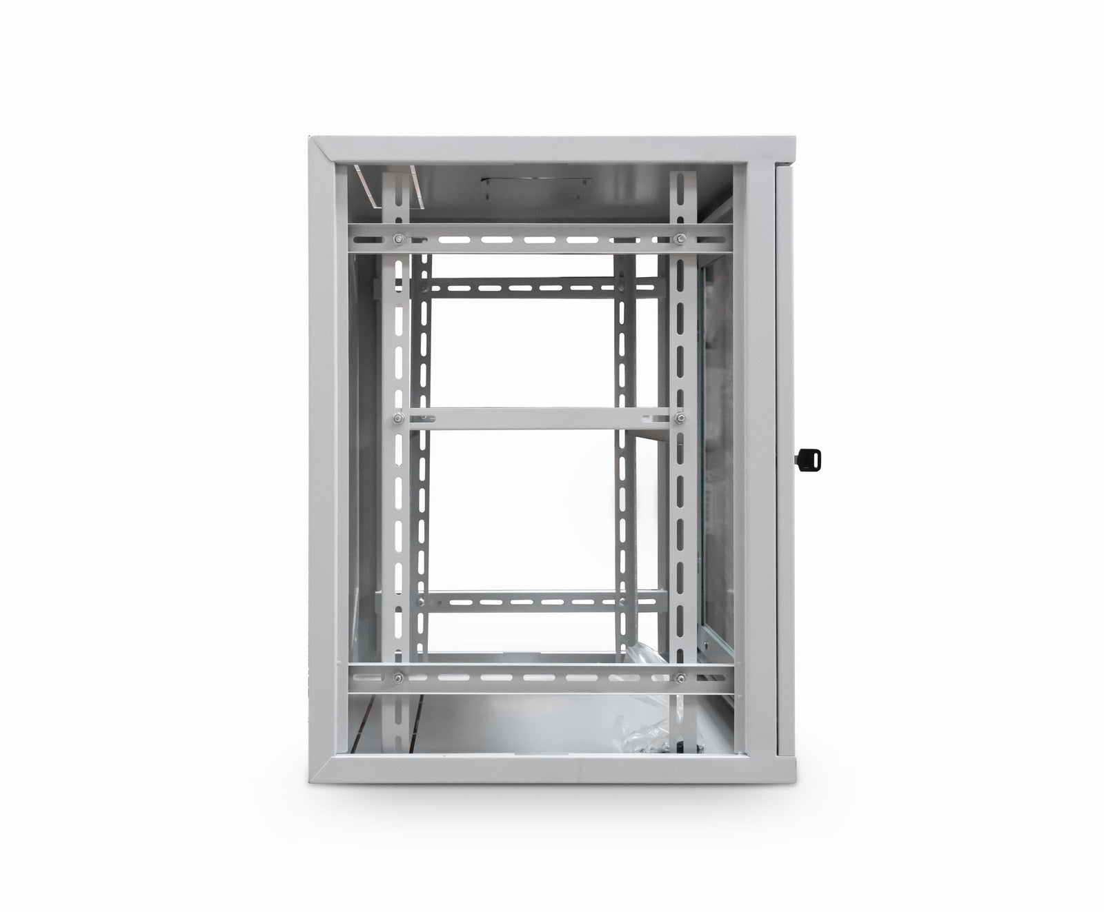 Left-side view of a grey 15U 550 mm deep 19" ETSI Wall Mount Data Cabinet shown with removed left and right panels and a key attached to its door.