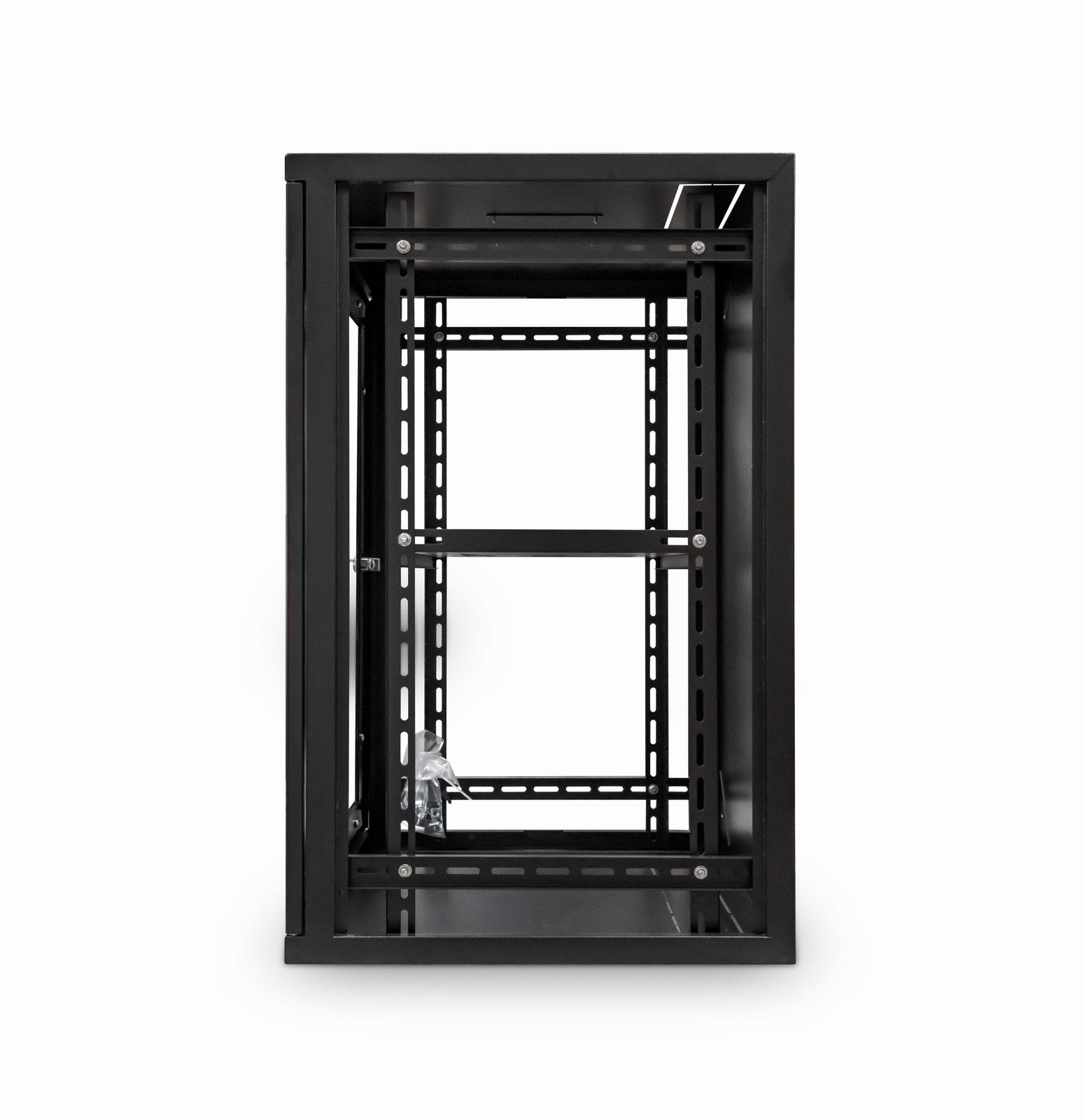 Right-side view of a Black 21U 450 mm 19" ETSI Wall Mount Data Cabinet w/ Shelf shown with removed left and right panels.