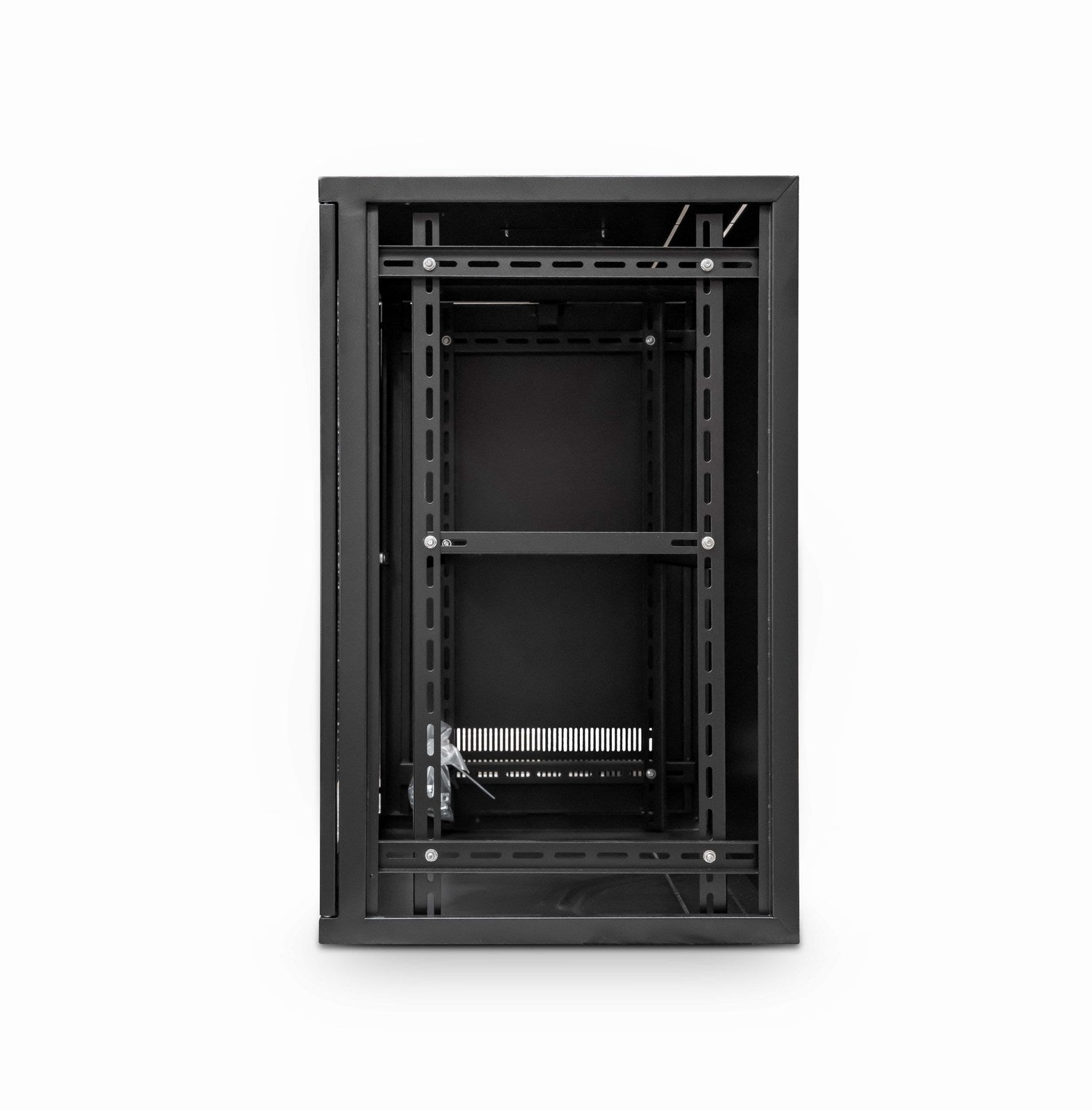 Right-side view of a Black 21U 550 mm 19" ETSI Wall Mount Data Cabinet w/ Shelf shown with removed right panel.