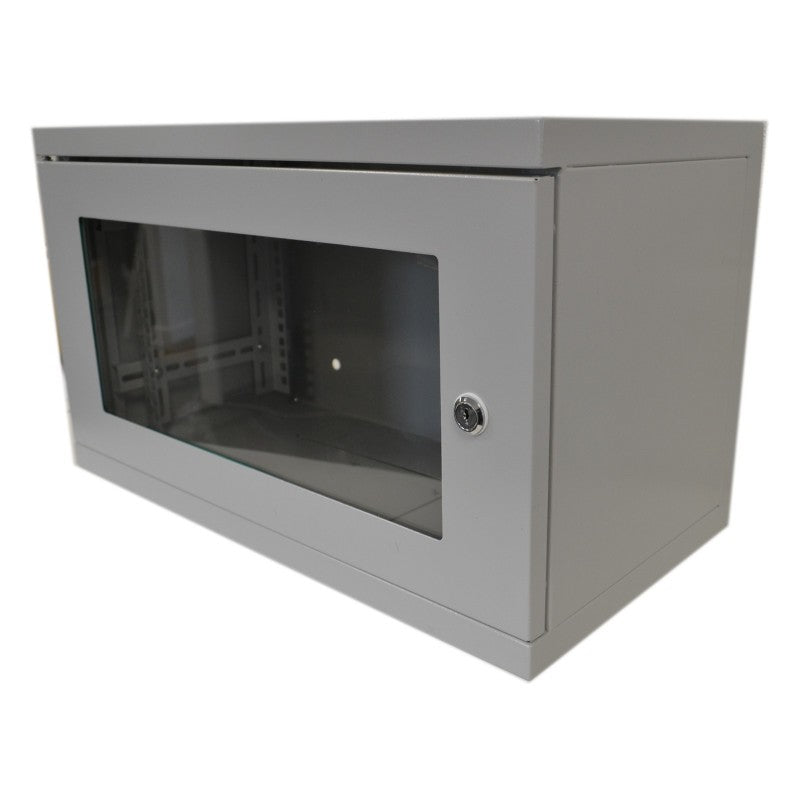 Isometric front view of a Grey 6U 280mm Deep Wall Mount Data Cabinet with non-removable panels shown with glass door closed.