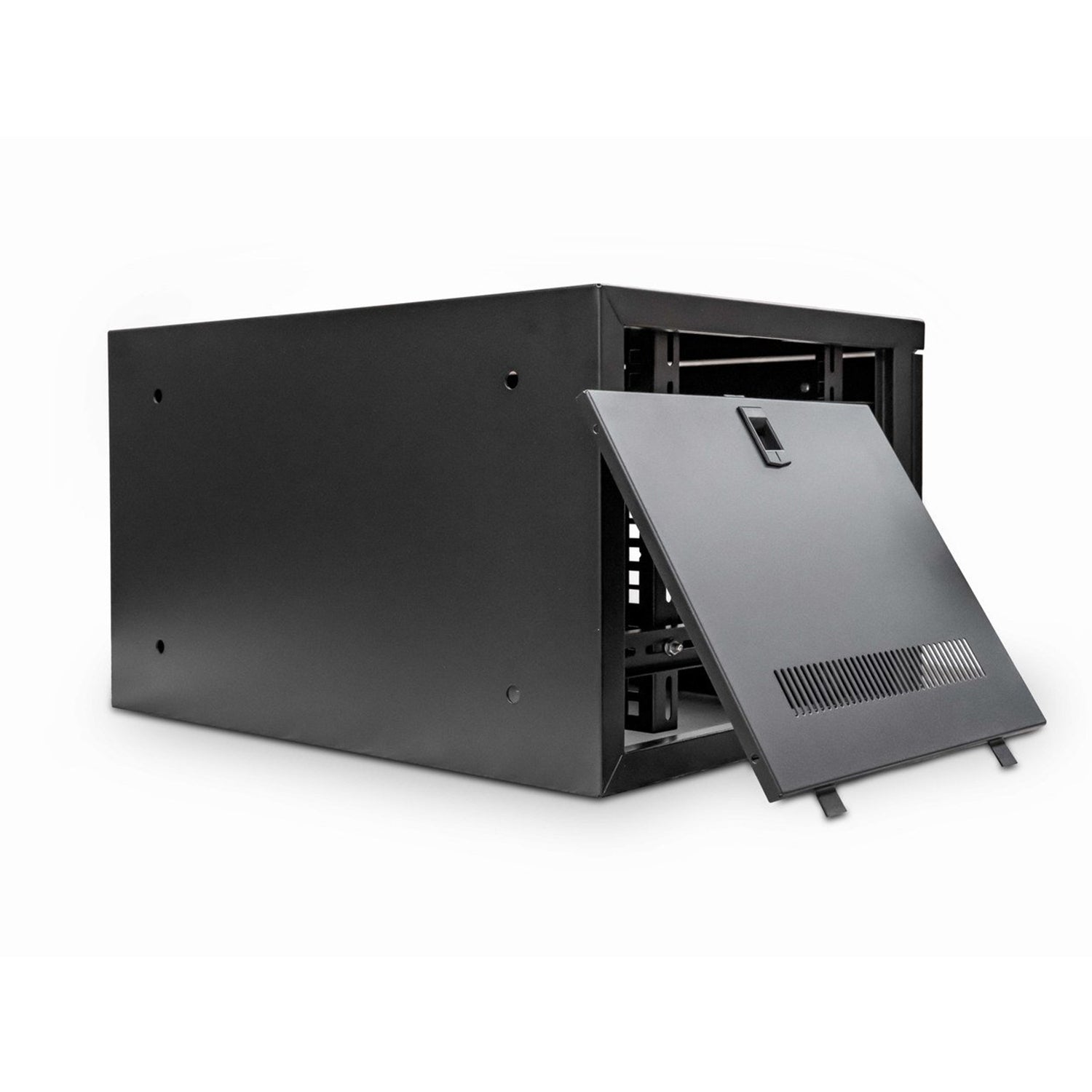 Isomeric rear view of a Black 6U 400mm Deep 19-inch Wall Mount Data Cabinet shown with left-side wall panel dismantled and placed on the side.