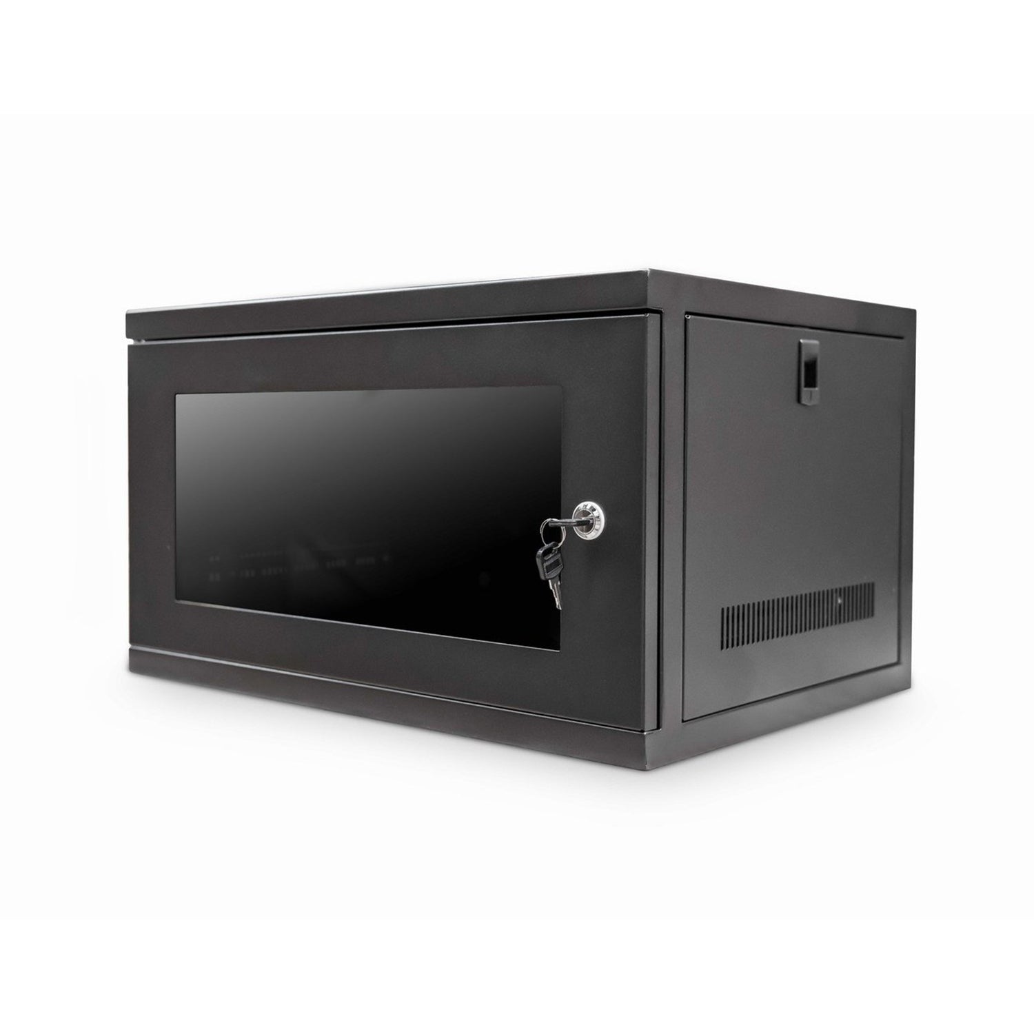 Isometric front view of a black 6U 450mm Deep 19-inch Wall Mount Data Cabinet with its keys inserted in its front door.