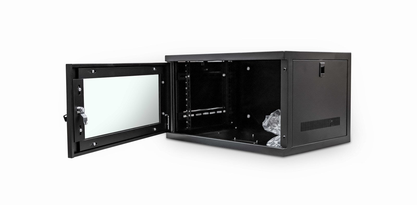 Isometric front view of a 6U 550mm 19" Wall Mount Data Cabinet - Black with its lockable glass door swung open.