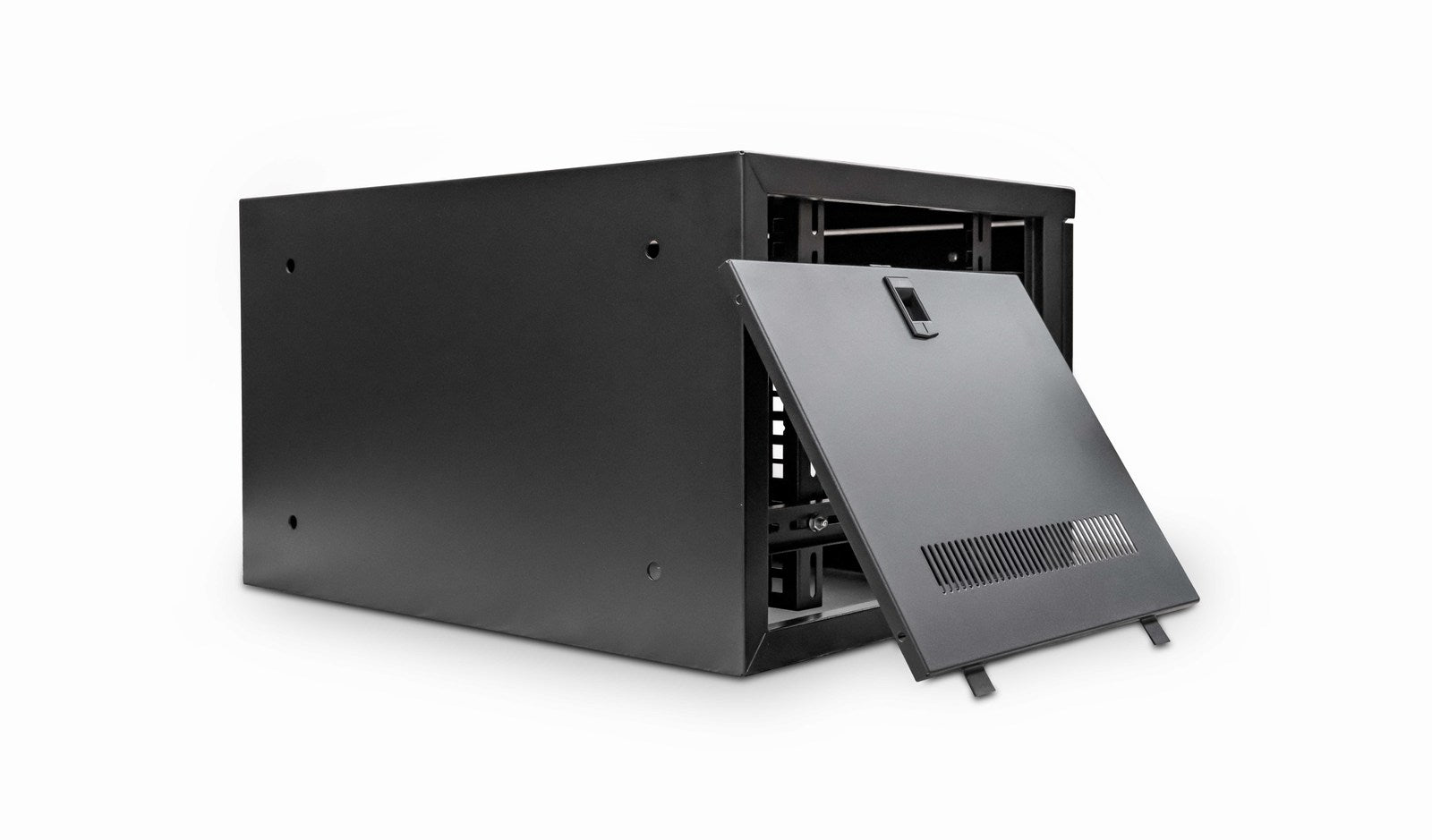 Isometric rear view of a 6U 550mm 19" Wall Mount Data Cabinet - Black with its left panel cover dismantled and placed on the side.