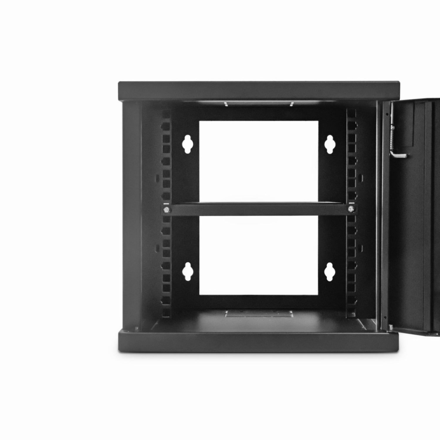 Front view of an 8U 310mm 10" Wall Mount Data Cabinet (SOHO) - Black shown with the door opened.