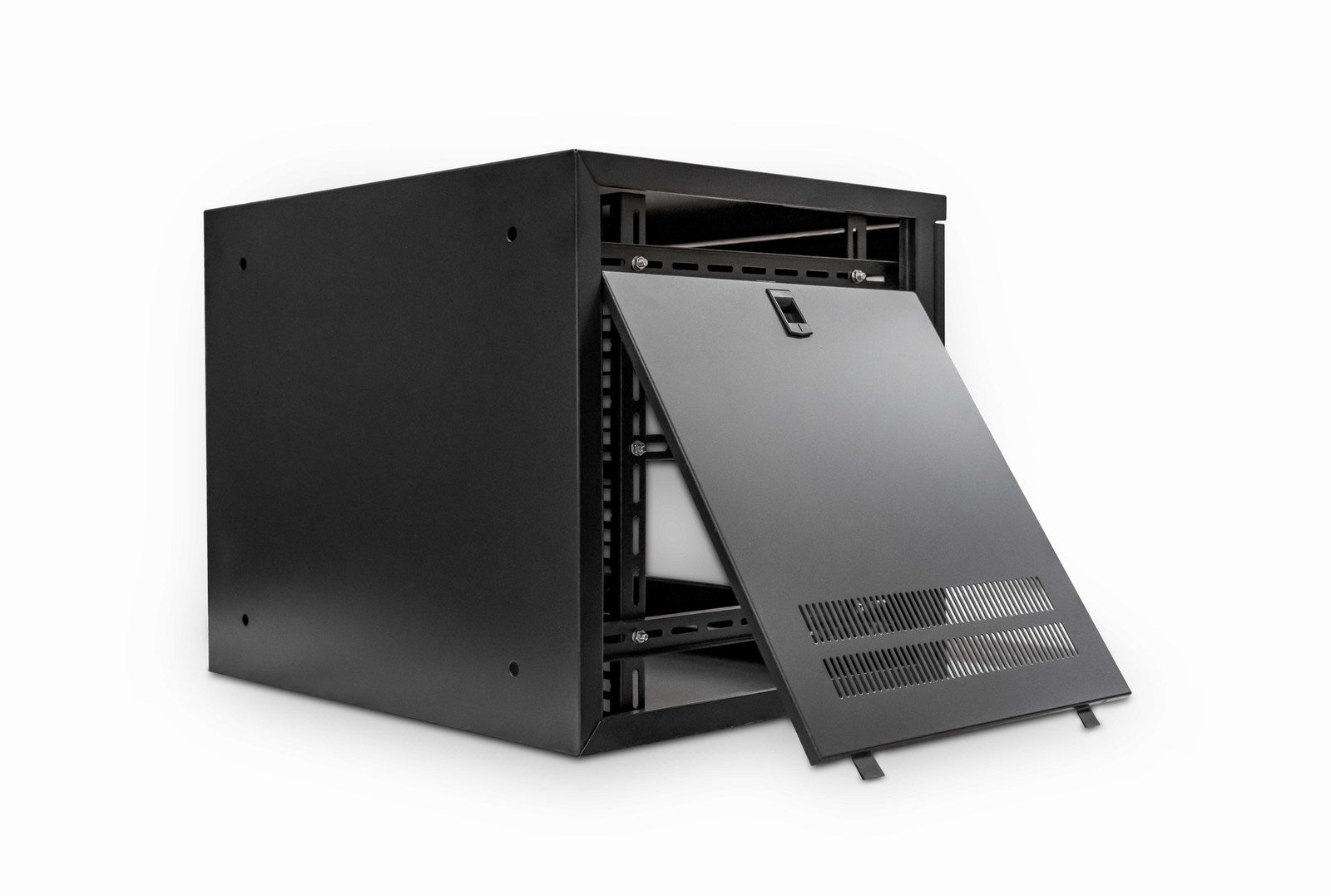 Rear Isometric view of a black 9U Wall Mount Data Cabinet 450mm -deep & 19" ETSI w/ Shelf and its removable left panel dismantled on the side.