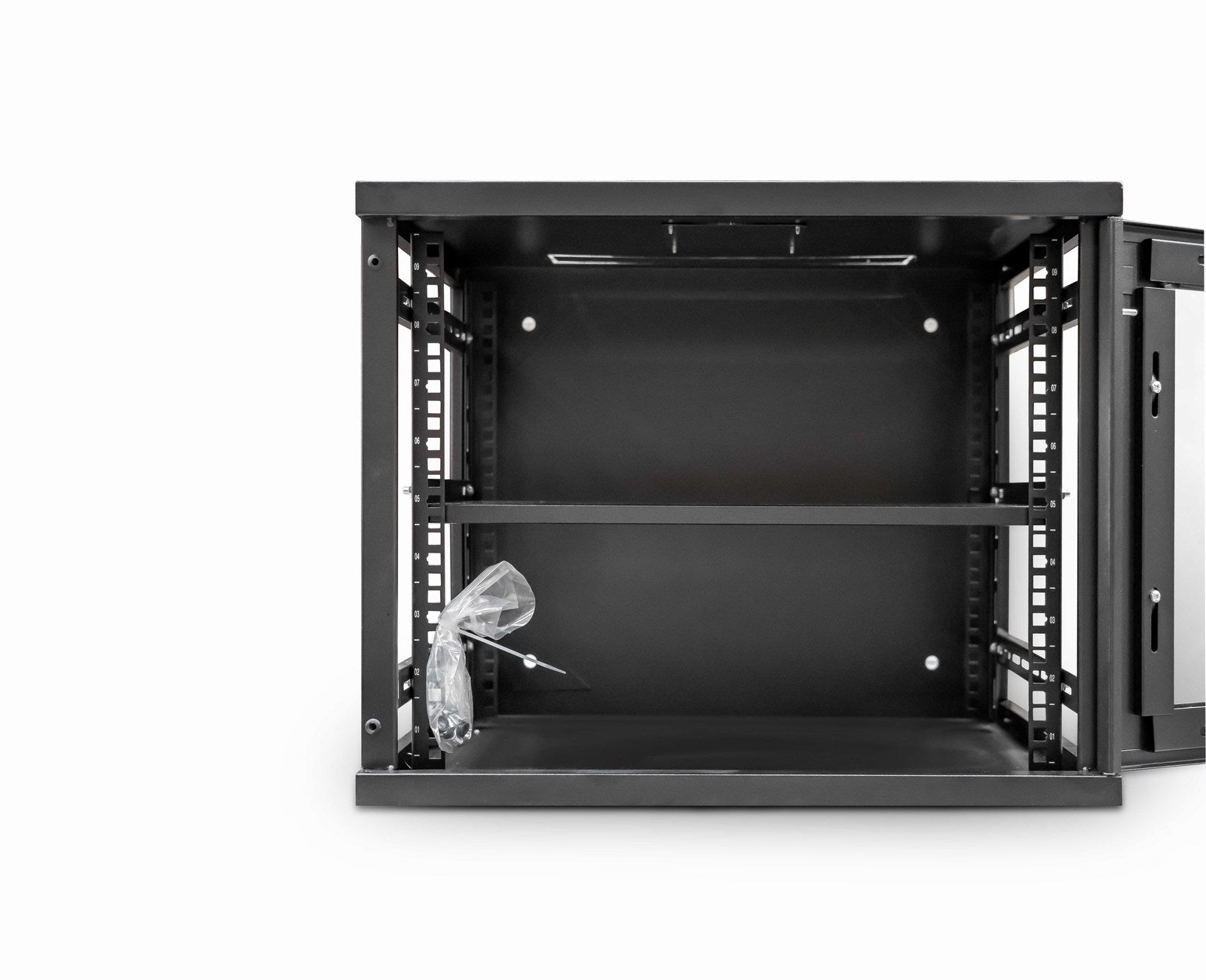 Front view of a 9U Wall Mount Data Cabinet 550mm 19" rackmount w/ Shelf - Black, shown with opened door and dismantled side panels.