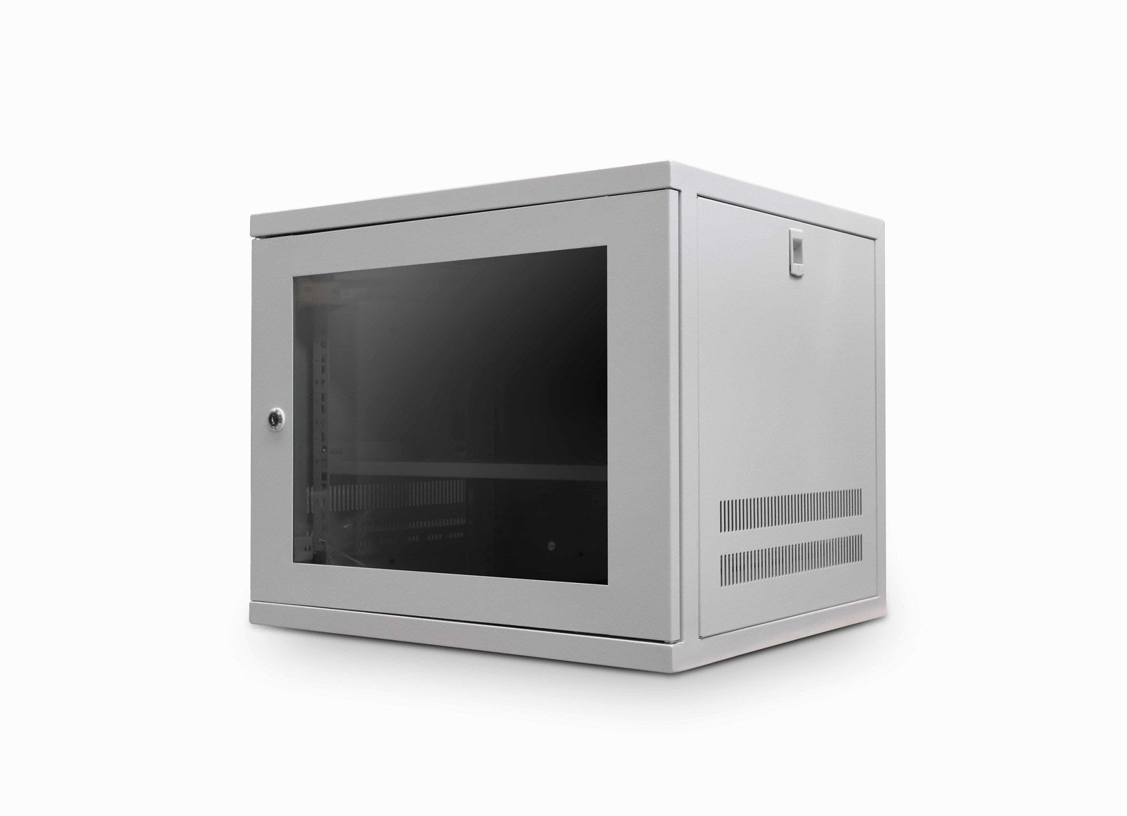 Isometric front view of a 9U 550mm Deep Wall Mount Data Cabinet - Grey - Netbit UK