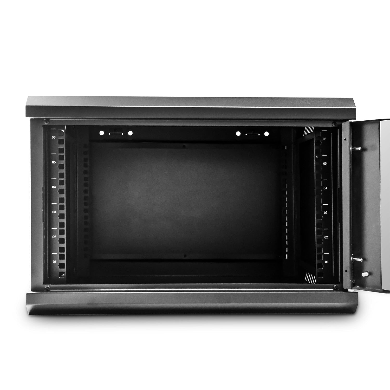 Front view with its door opened of a 6U 450mm Deep Wall Mount Data Cabinet.