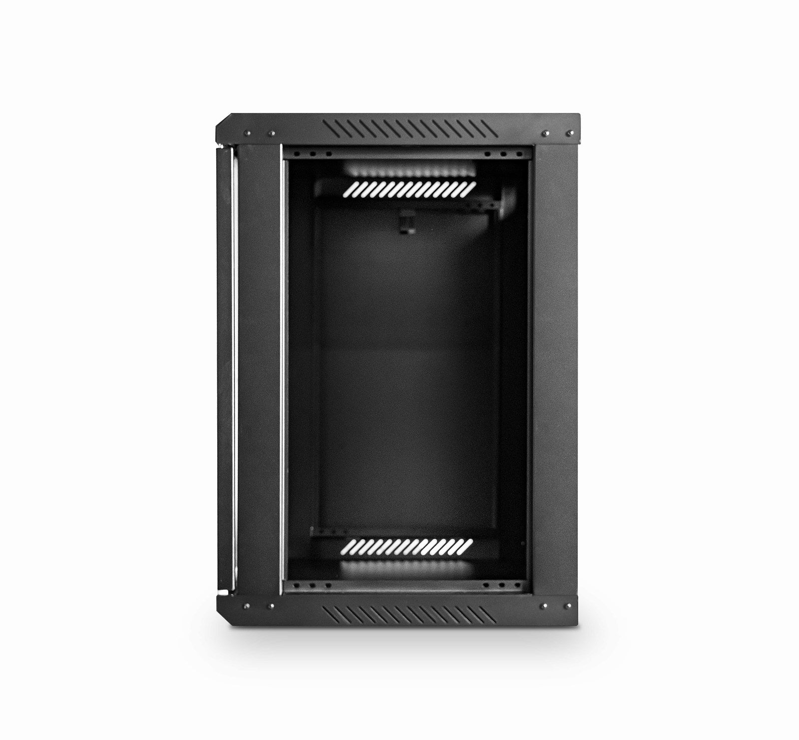 Right side view of a flat-packed 9U 450mm Deep Wall Mount Data Cabinet with its right panel removed.
