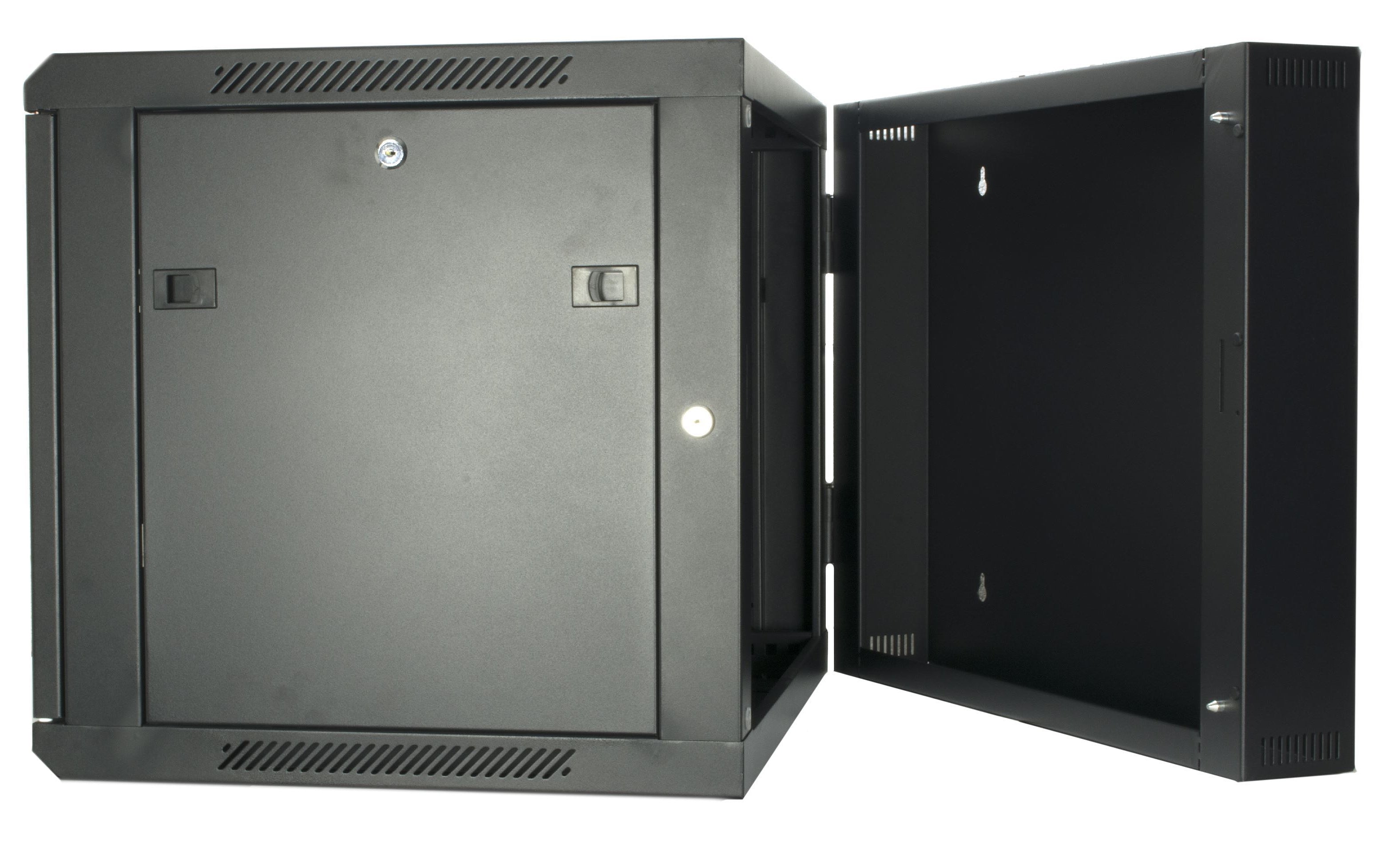Right-side view of a black 12U 550mm Double Sectioned Wall Mount Data Cabinet showing its hinged rear access opened and its lockable right panel closed.